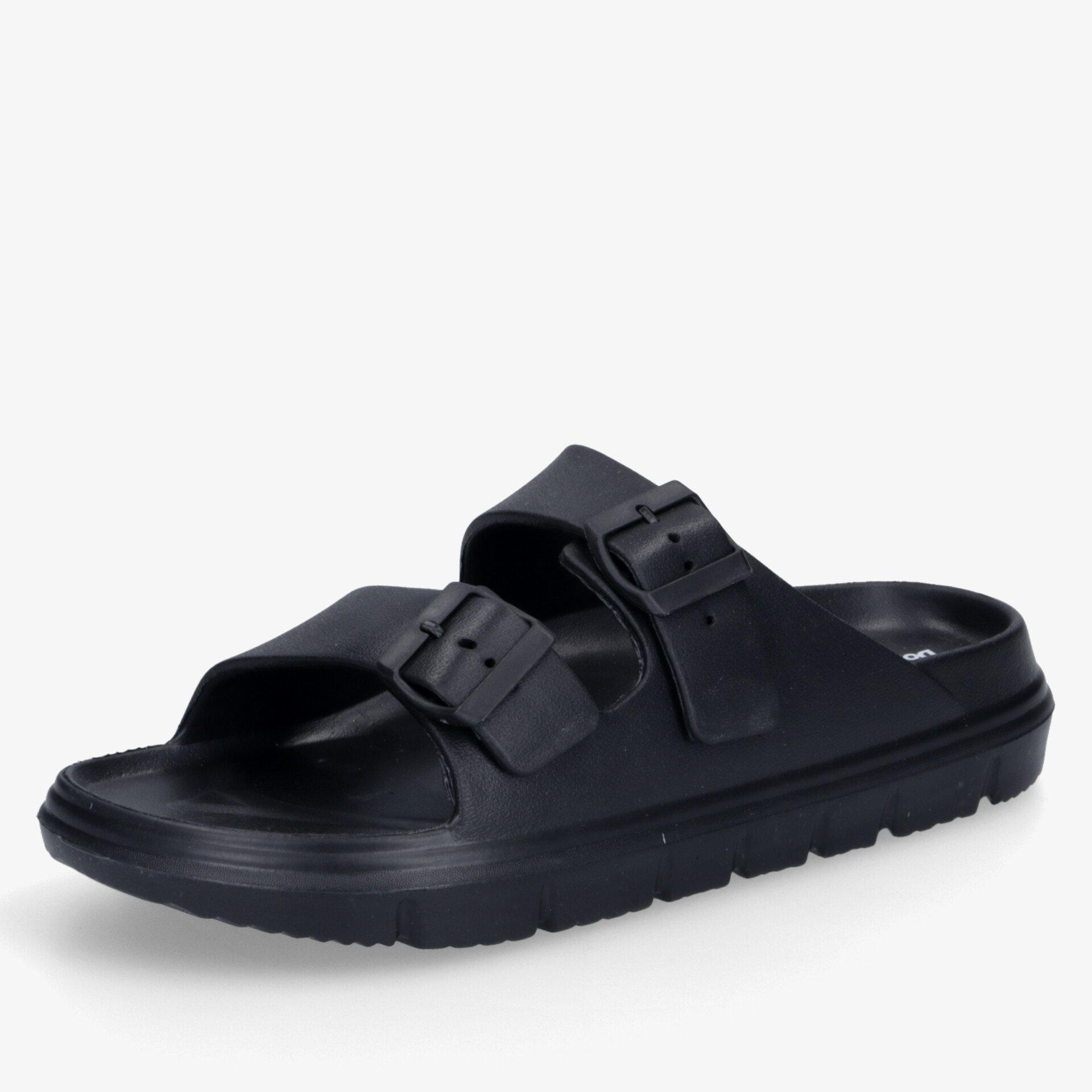 Schwarze Sandale mit zwei verstellbaren Riemen und rutschfester Sohle, flexibel und bequem