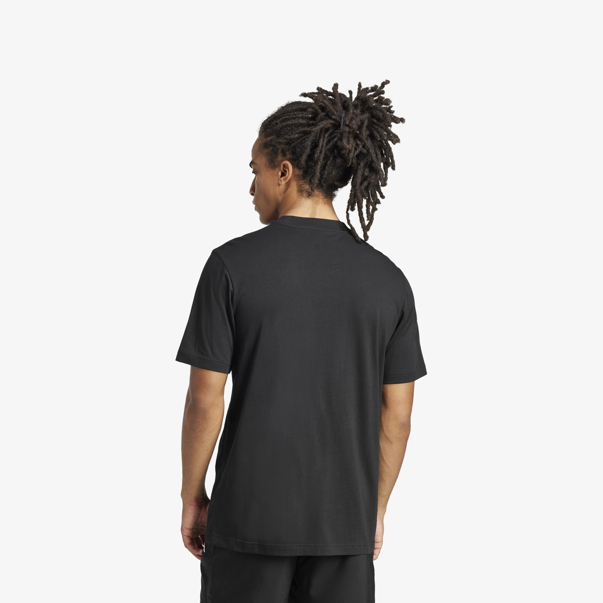 Rückenansicht eines schlichten schwarzen T-Shirts mit bequemem Schnitt und leichtem, atmungsaktivem Material