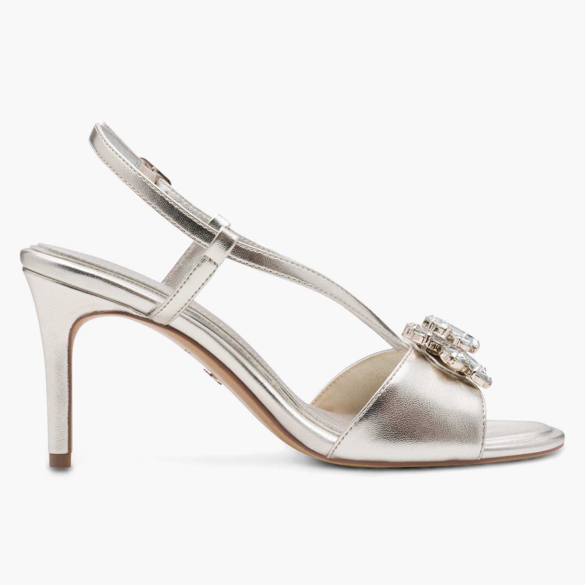 Stylische silberne High Heel Sandale mit glitzernden Details