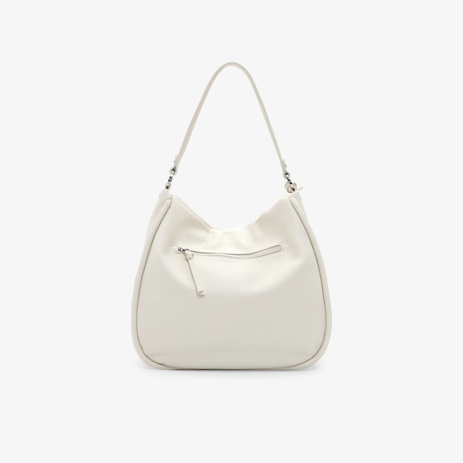 Elegante weiße Handtasche mit weichem Material, praktischem Reißverschlussfach und bequemem Schulterriemen.