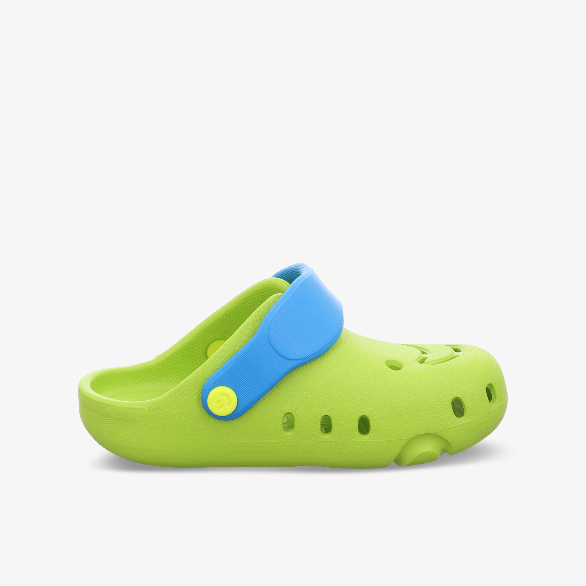 Leichter grüner Schlupfschuh mit blauem Riemen bequem, flexibel und atmungsaktiv für vielseitigen Alltag