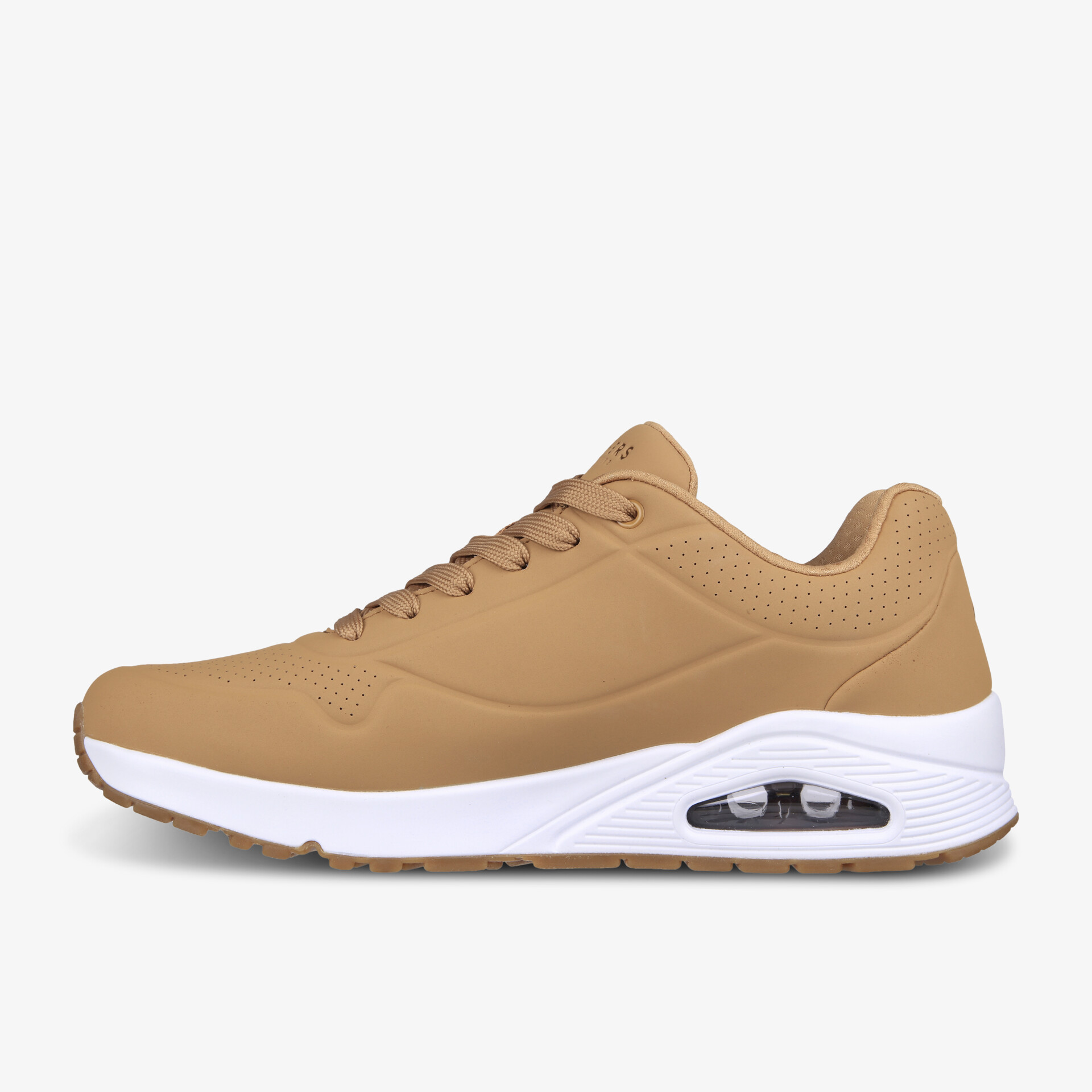 Moderner Sneaker in Beige mit weißer Sohle und sichtbarer Luftpolsterung, ideal für Sport und Freizeit.