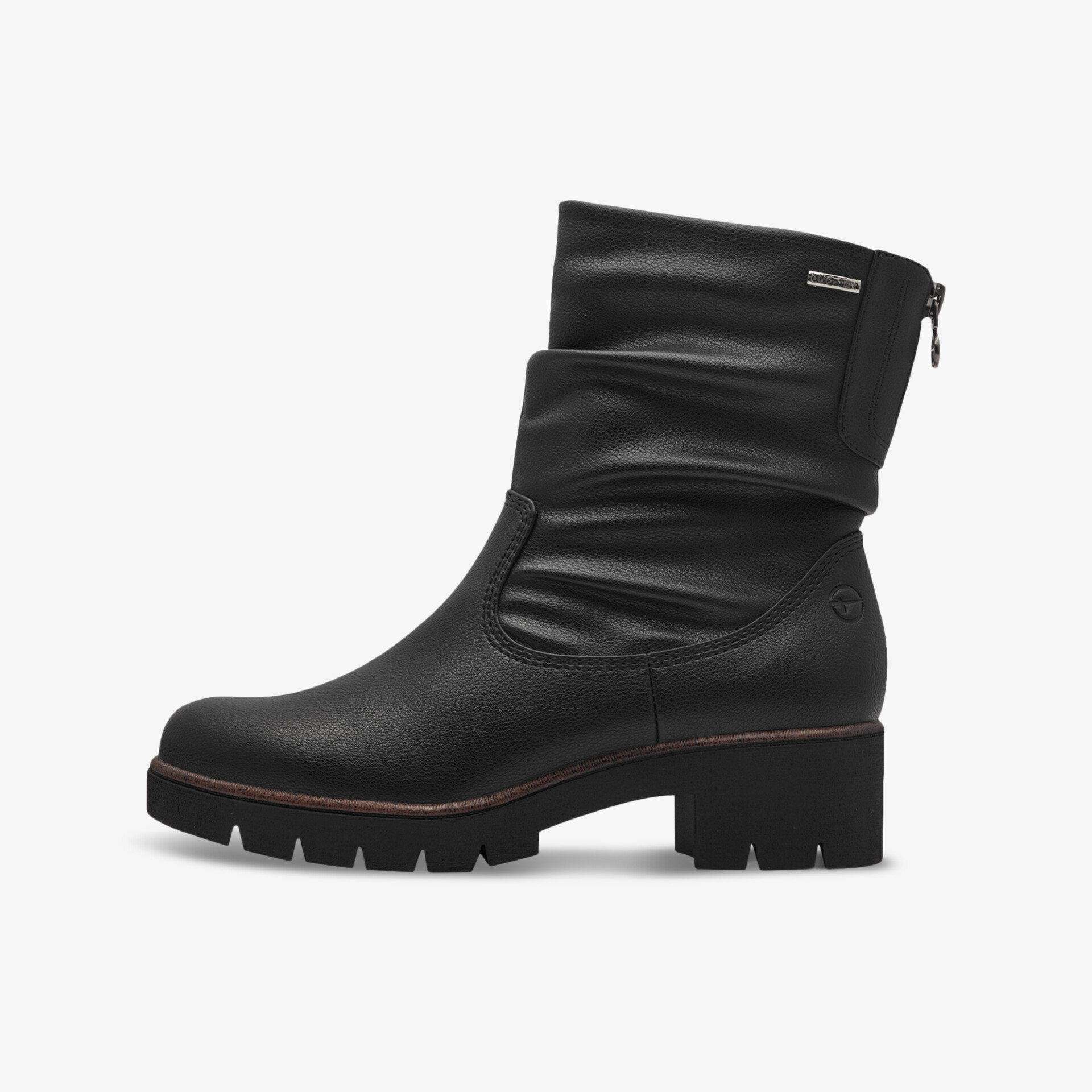 Schwarzer Stiefel mit mittelhohem Absatz und seitlichem Reißverschluss für sicheren und komfortablen Tragekomfort