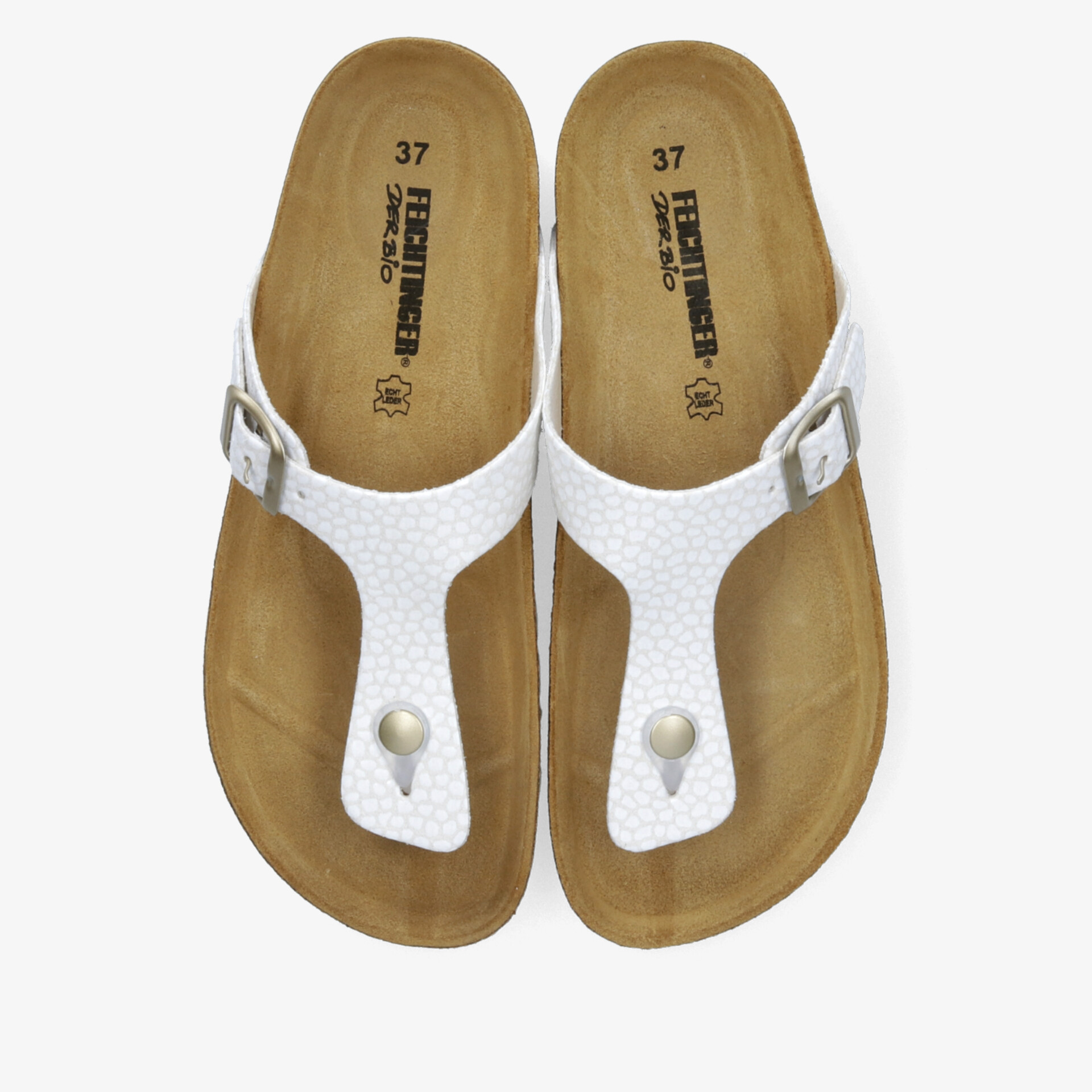 Bequemes Paar weißer Zehensteg-Sandalen mit verstellbarer Schnalle und ergonomischer brauner Innensohle