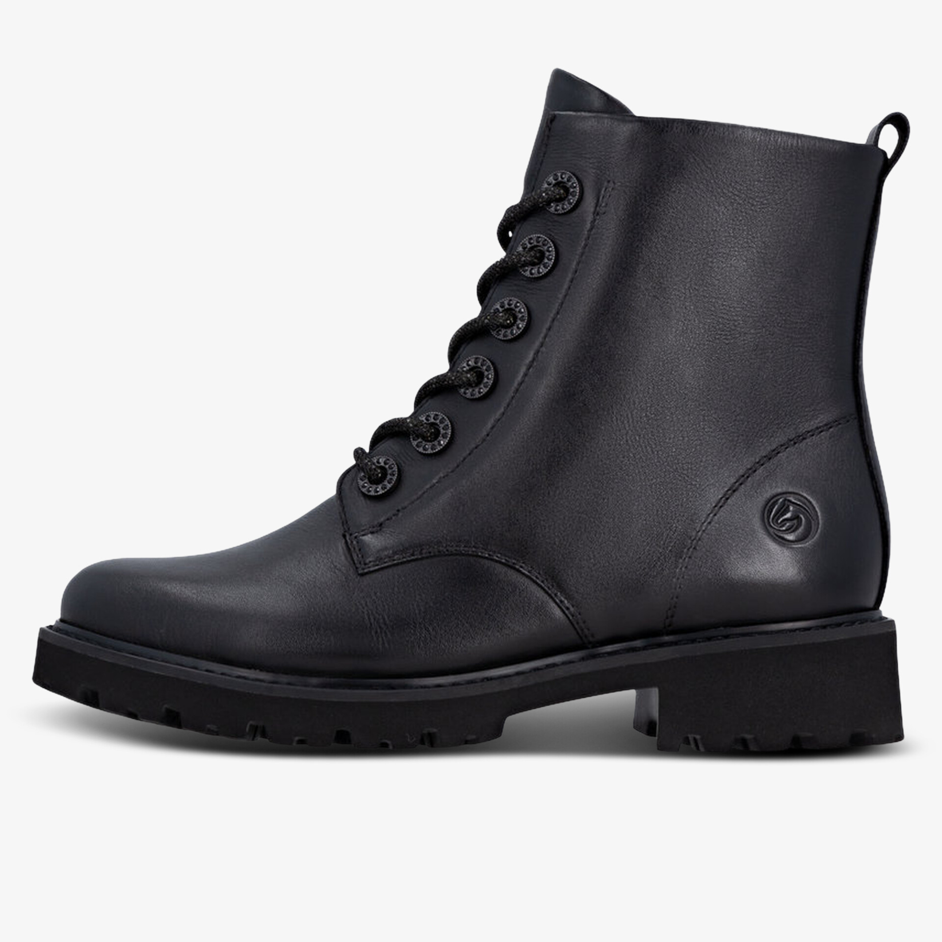 Robuster schwarzer Lederstiefel mit komfortabler Schnürung und profilierter Sohle, seitliche Ansicht