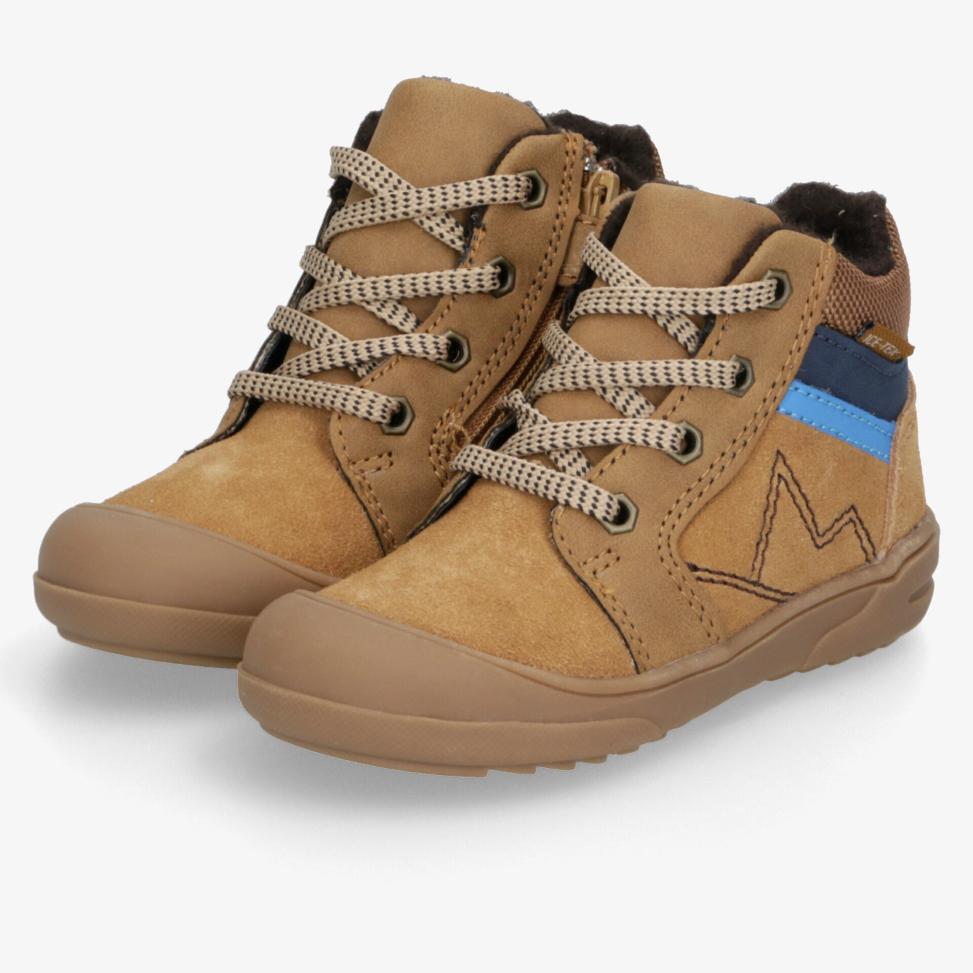 Robuste Freizeit-Schuhe in Braun mit blauen Details, flexible Sohle und bequemer gepolsterter Knöchelbereich, Paaransicht