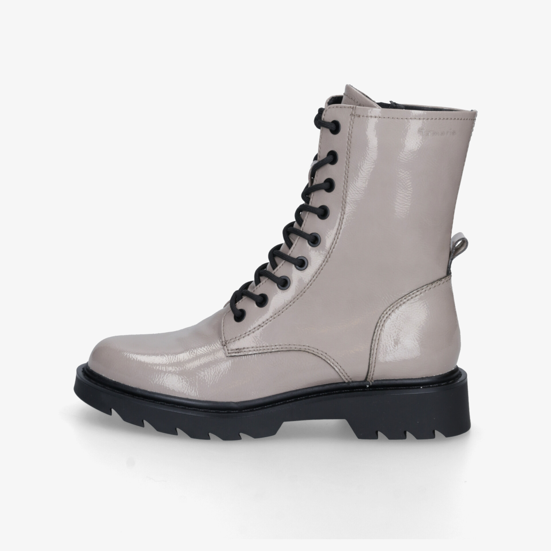 Seitliche Ansicht eines silberfarbenen Stiefels mit robuster Sohle und schnürbarer komfortabler Passform