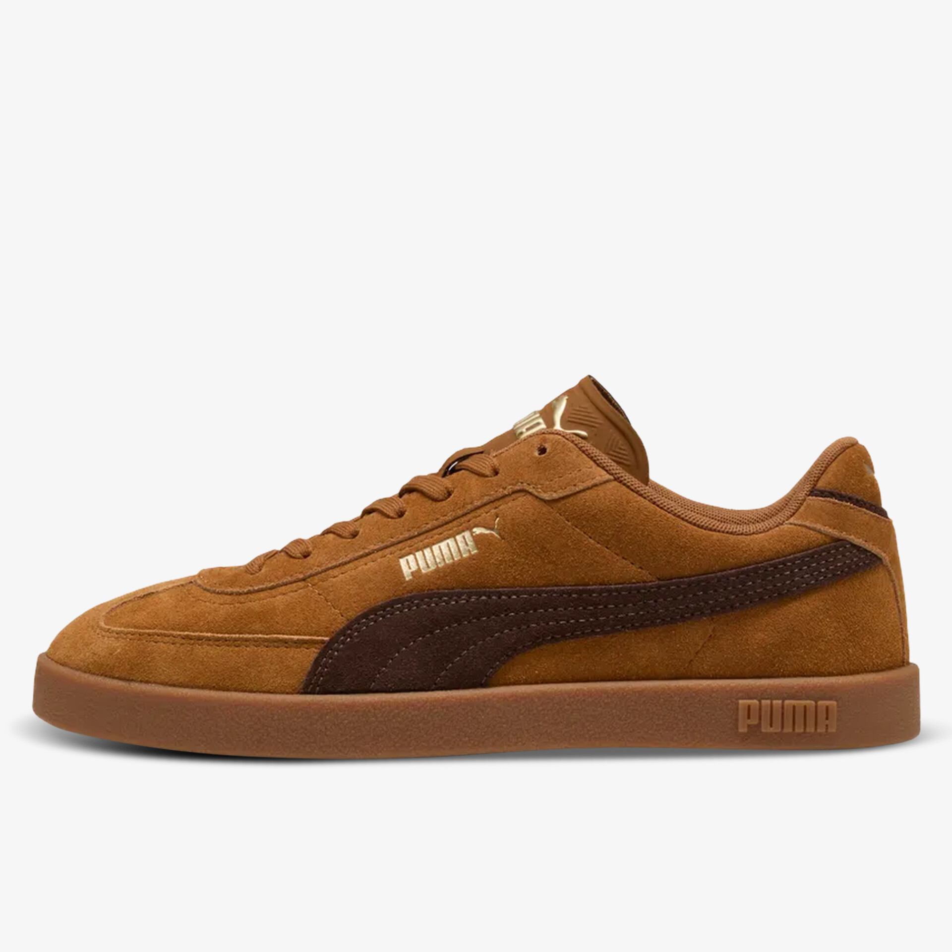Seitliche Ansicht eines braunen Puma Wildleder-Sneakers mit bequemer Passform und stilvollem Design