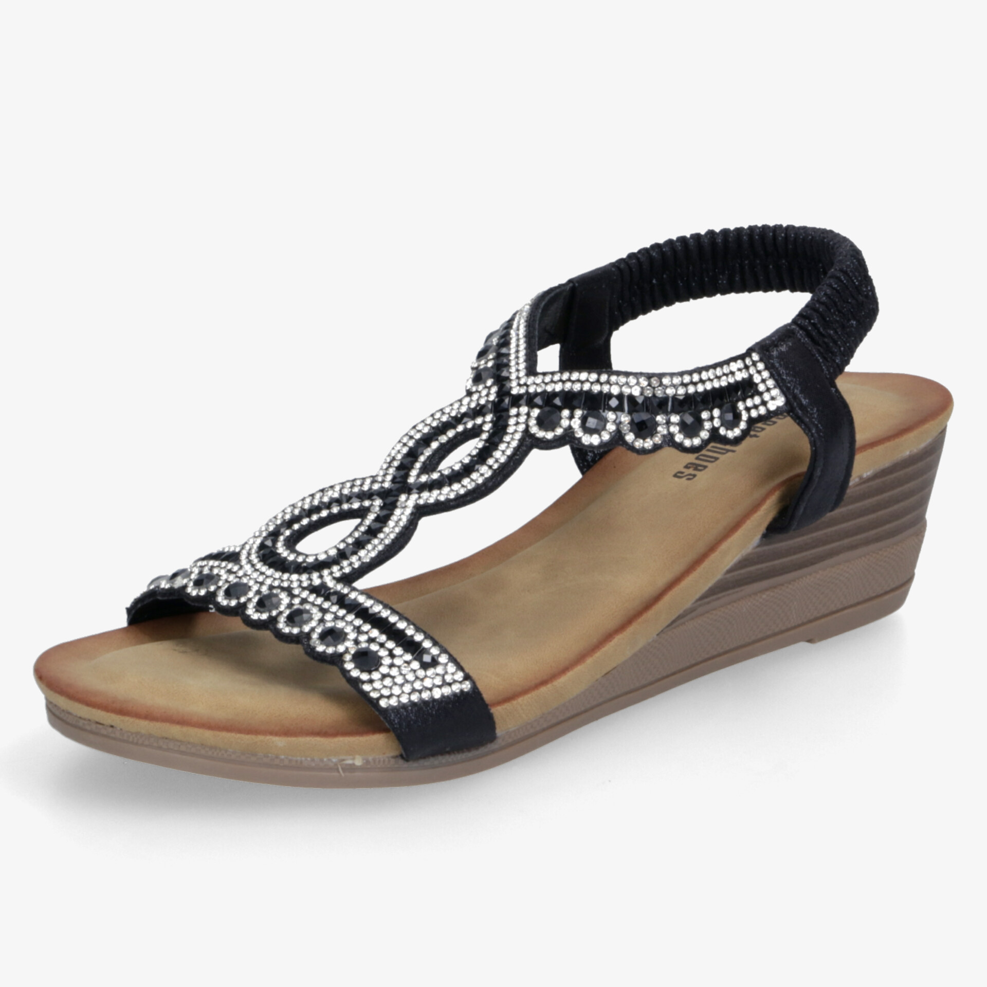 Schwarze Sandale mit bequemem Wedge Absatz und funkelnder Strassverzierung für eleganten Tragekomfort