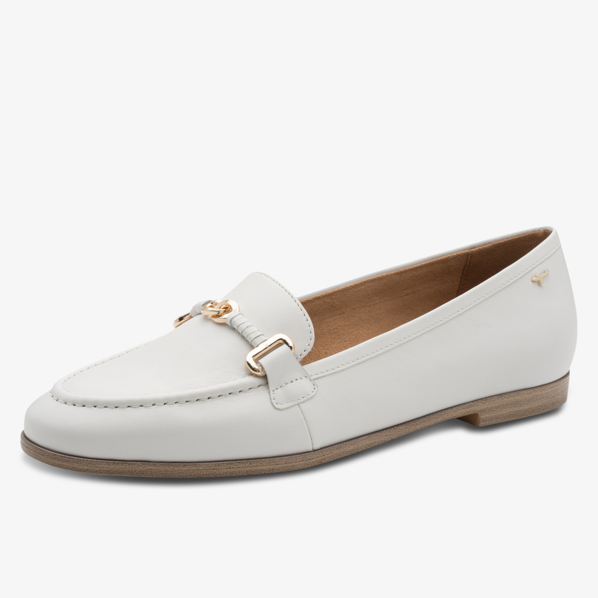 Elegante weiße Loafer mit flacher Sohle und goldener Schnalle, bequem und stilvoll für Alltag und Büro