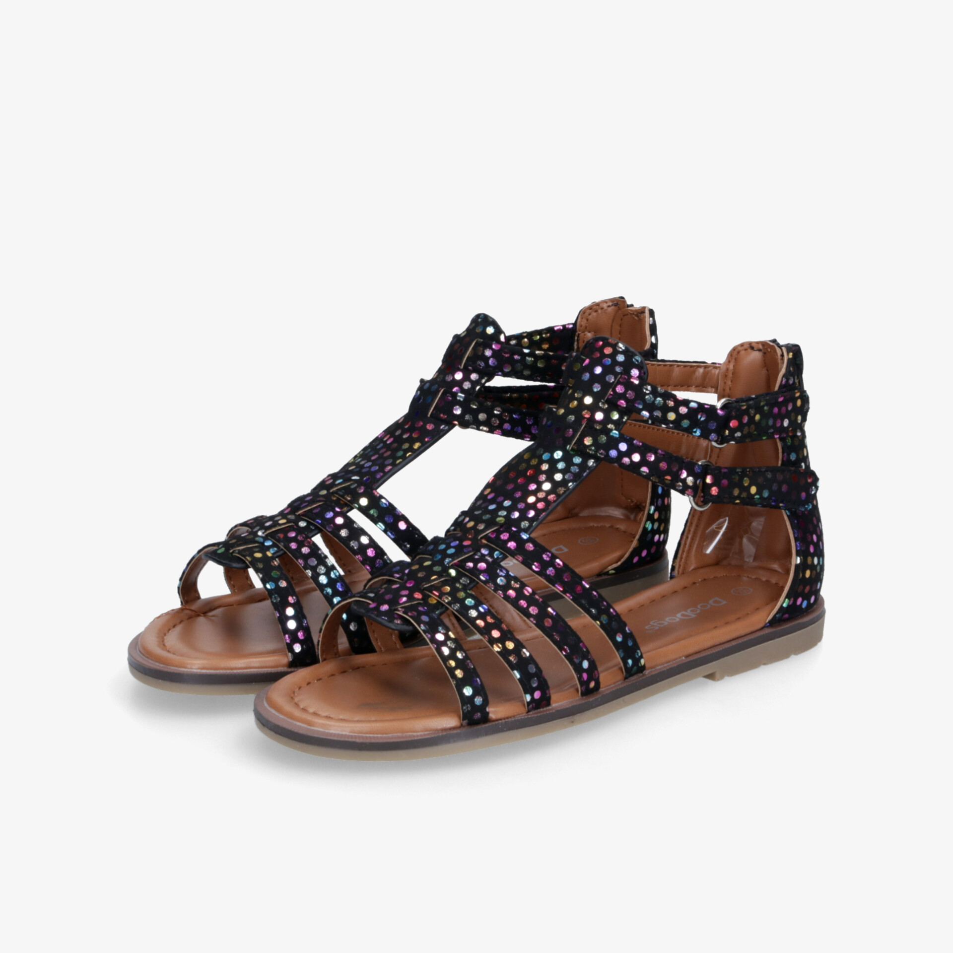 Modische mehrfarbige Ledersandalen mit verstellbaren Riemen und flacher, bequemer Sohle im Paar