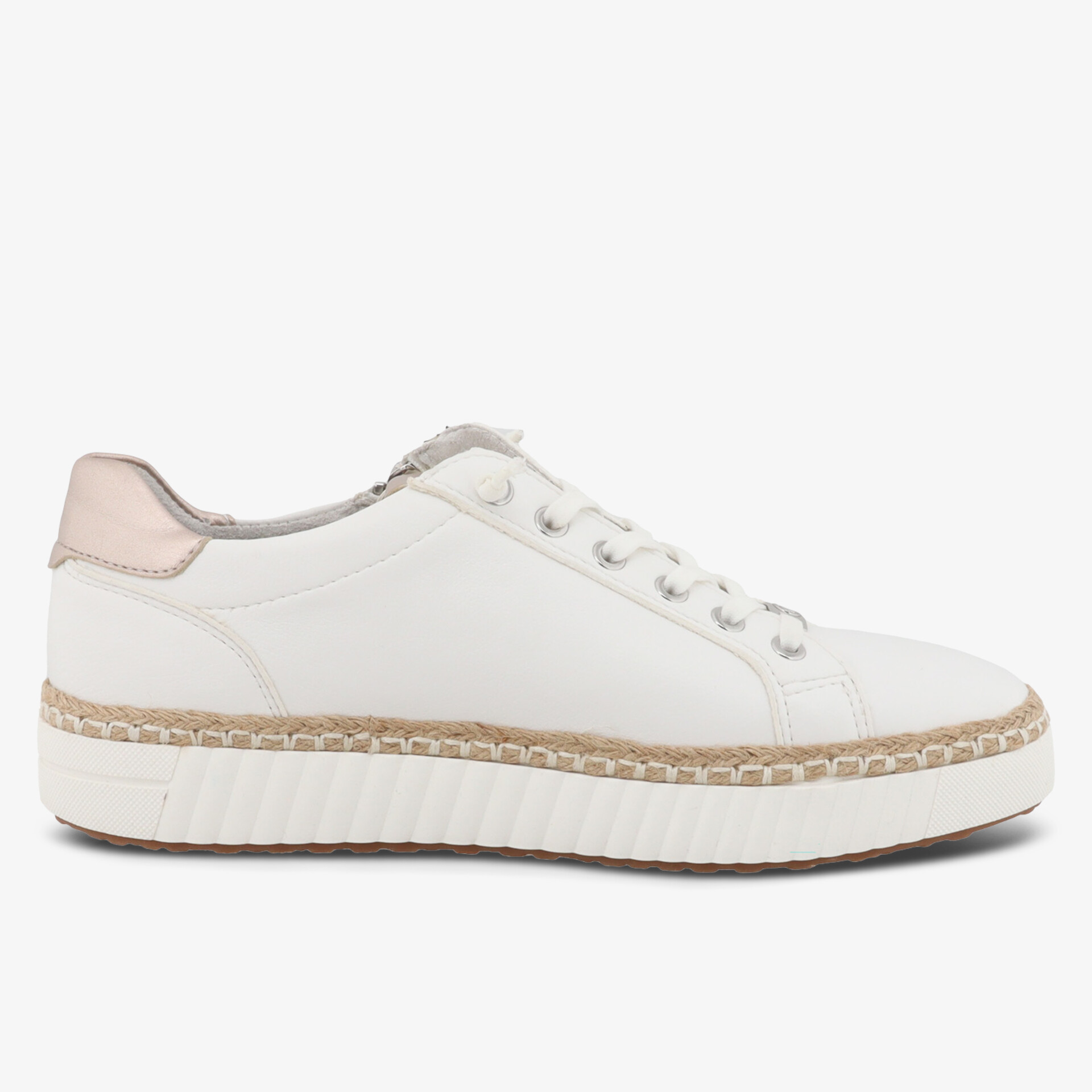 Seitliche Ansicht eines weißen Sneakers mit bequemer, stabiler Sohle und modernem, sportlichem Design