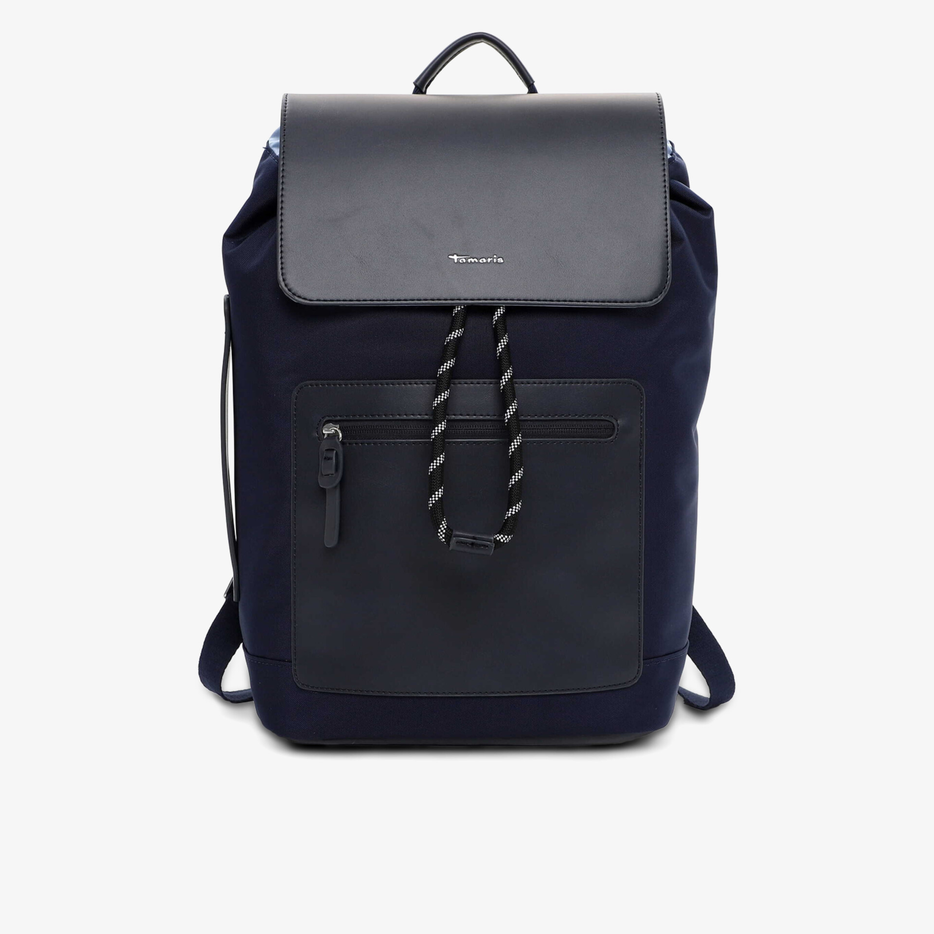 Dunkelblauer Rucksack mit Kordelverschluss und Fronttasche, moderner Freizeitrucksack mit funktionalem Design