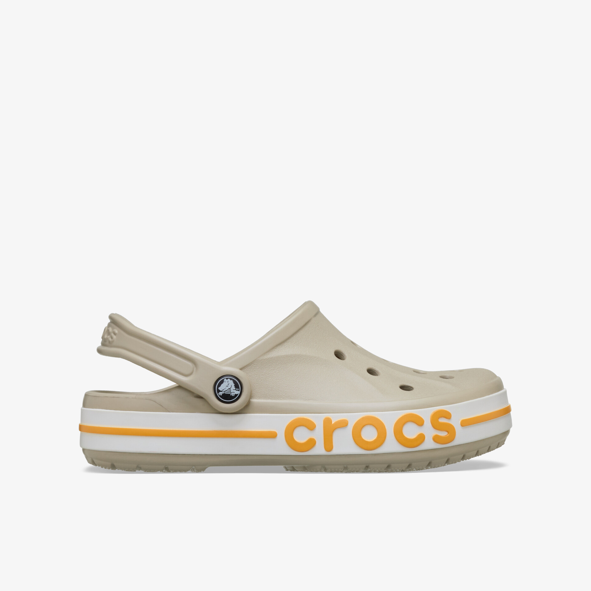 Beiger Crocs Schuh seitlich mit praktischem Riemen, atmungsaktivem Design und stabiler Sohle für hohen Tragekomfort