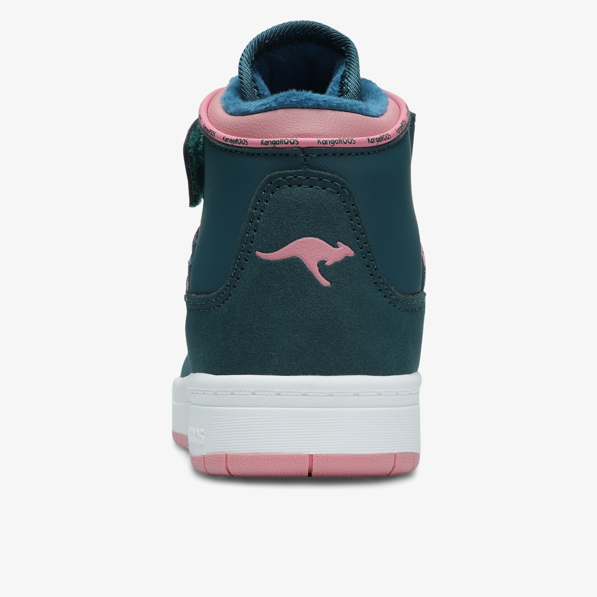 Rückansicht blauer Sneaker mit rosafarbenem Känguru-Logo und weiß-rosafarbener Sohle