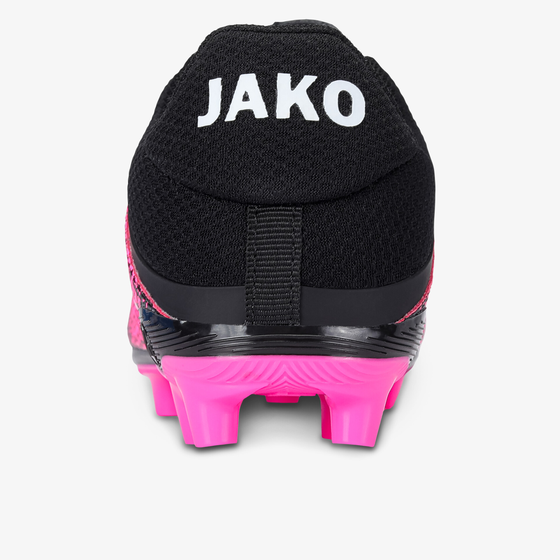 Schwarzer Sportschuh mit pinker Sohle und deutlichem Markenlogo JAKO auf der Ferse