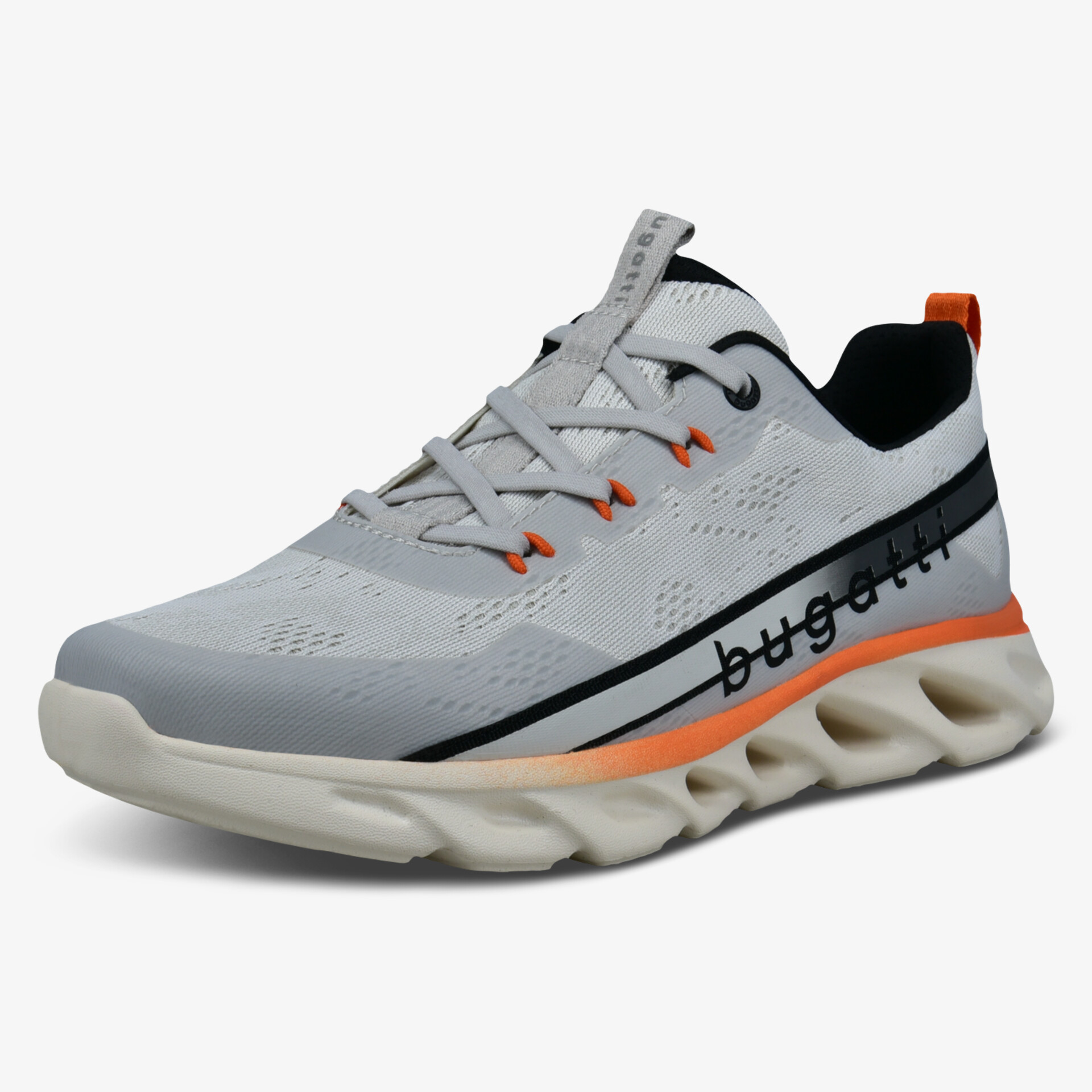 Stylischer grauer Sneaker mit orangen Akzenten und einzigartiger Sohle für optimalen Komfort