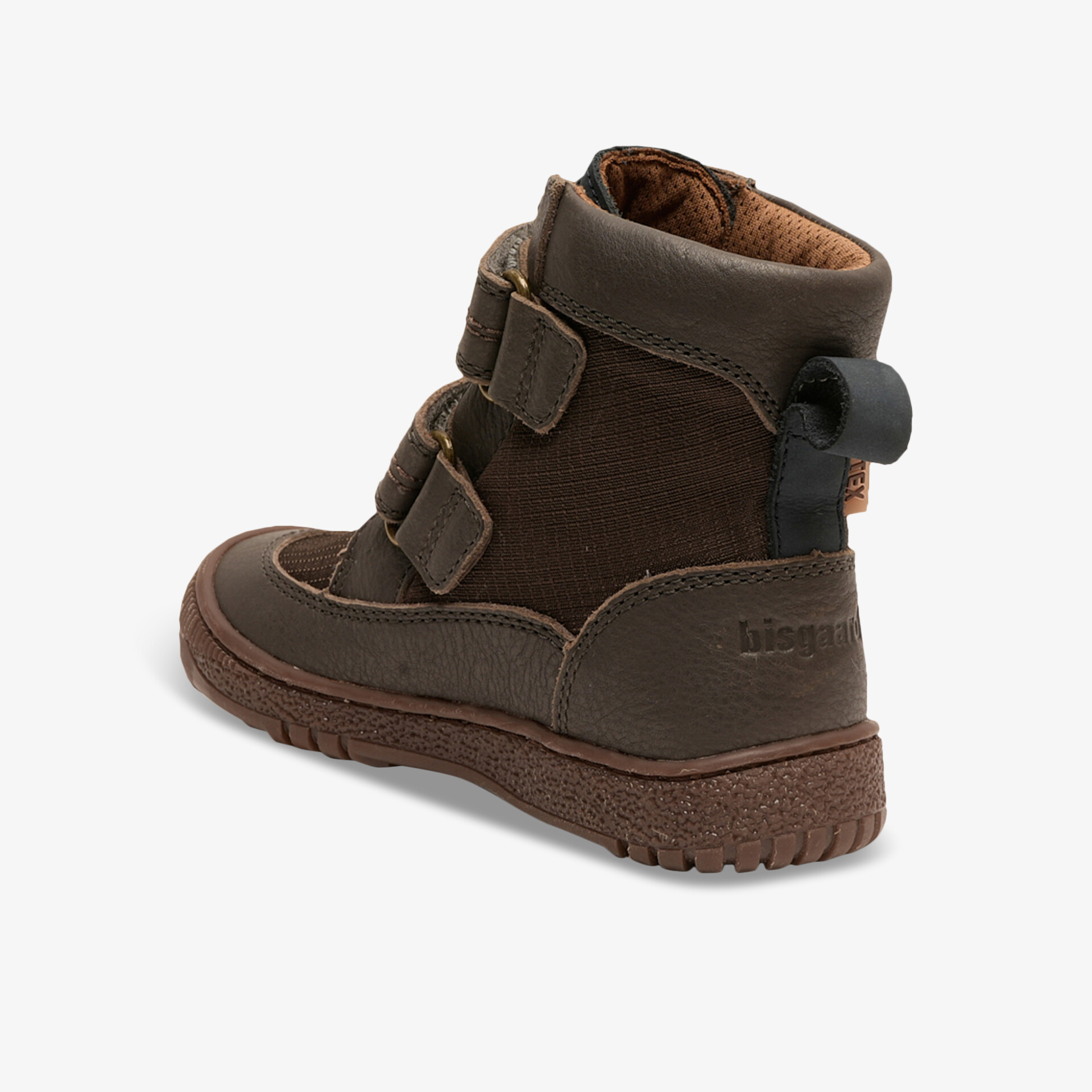 Robuster brauner Outdoor-Stiefel mit warmer Polsterung und gummierter, rutschfester Sohle, seitliche Ansicht