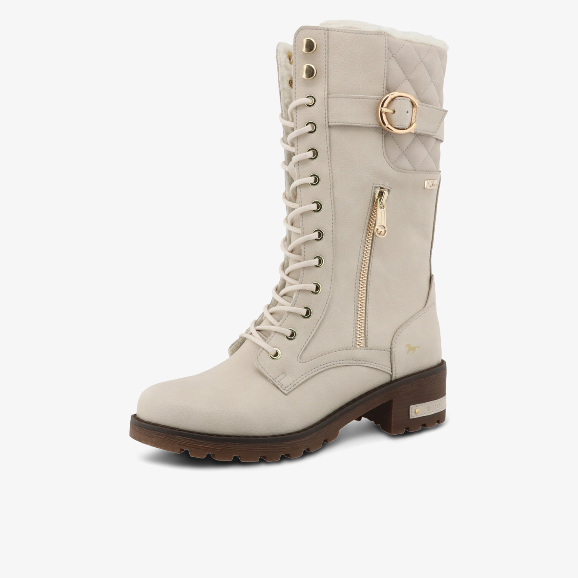 Beiger Schnürstiefel mit seitlichem Reißverschluss, blockigem Absatz und dekorativer Schnalle, profilierte Laufsohle