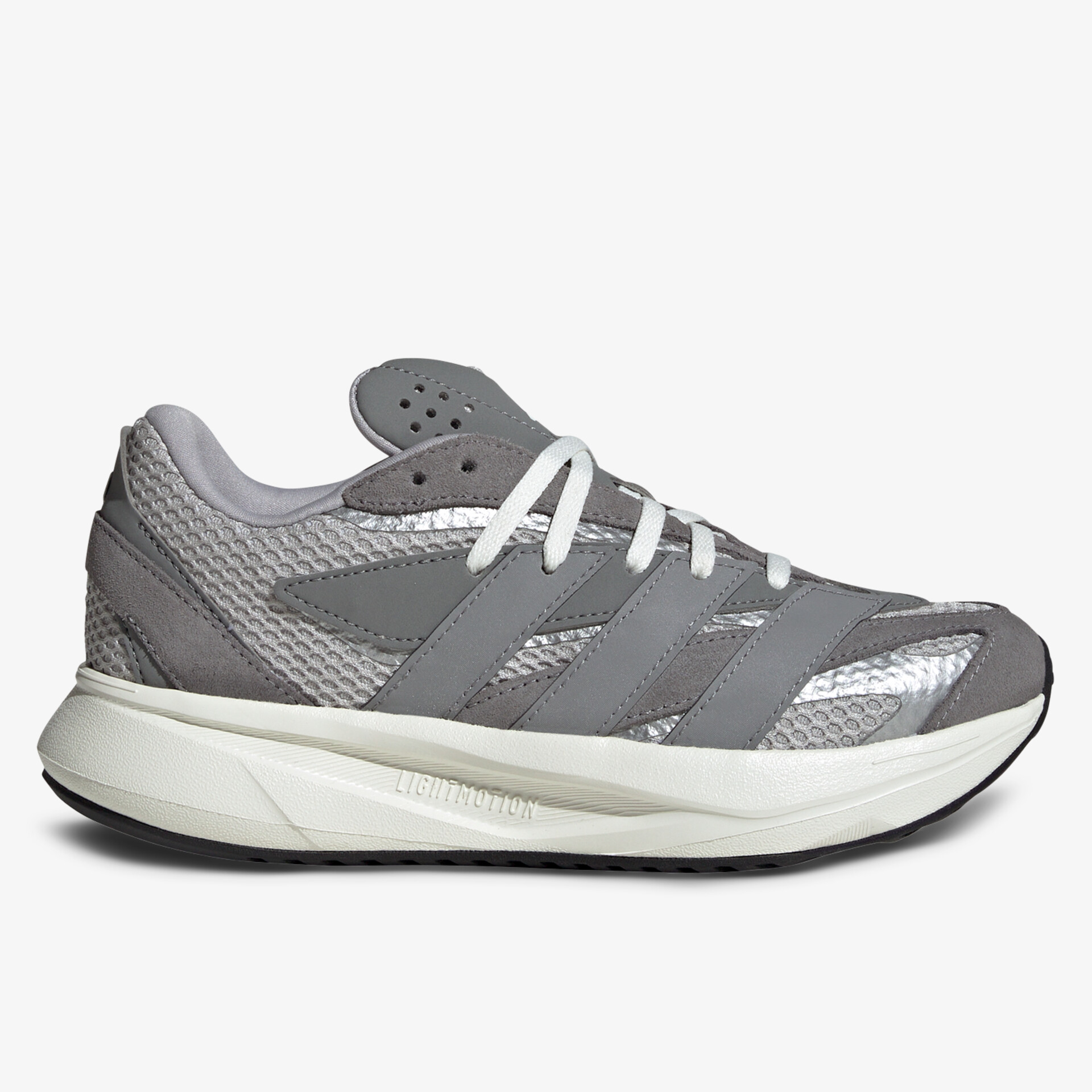 Moderner grauer Laufschuh mit atmungsaktivem Mesh, stoßdämpfender Sohle und komfortabler Passform