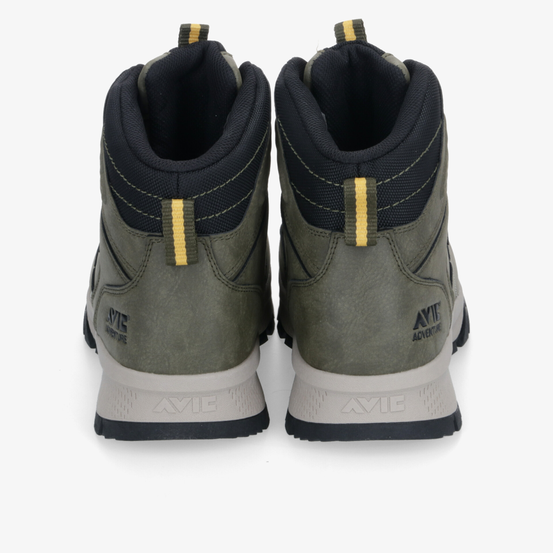 Robuste graue Schuhe mit hohem gepolstertem Schaft und rutschfester Sohle, Rückansicht sichtbar