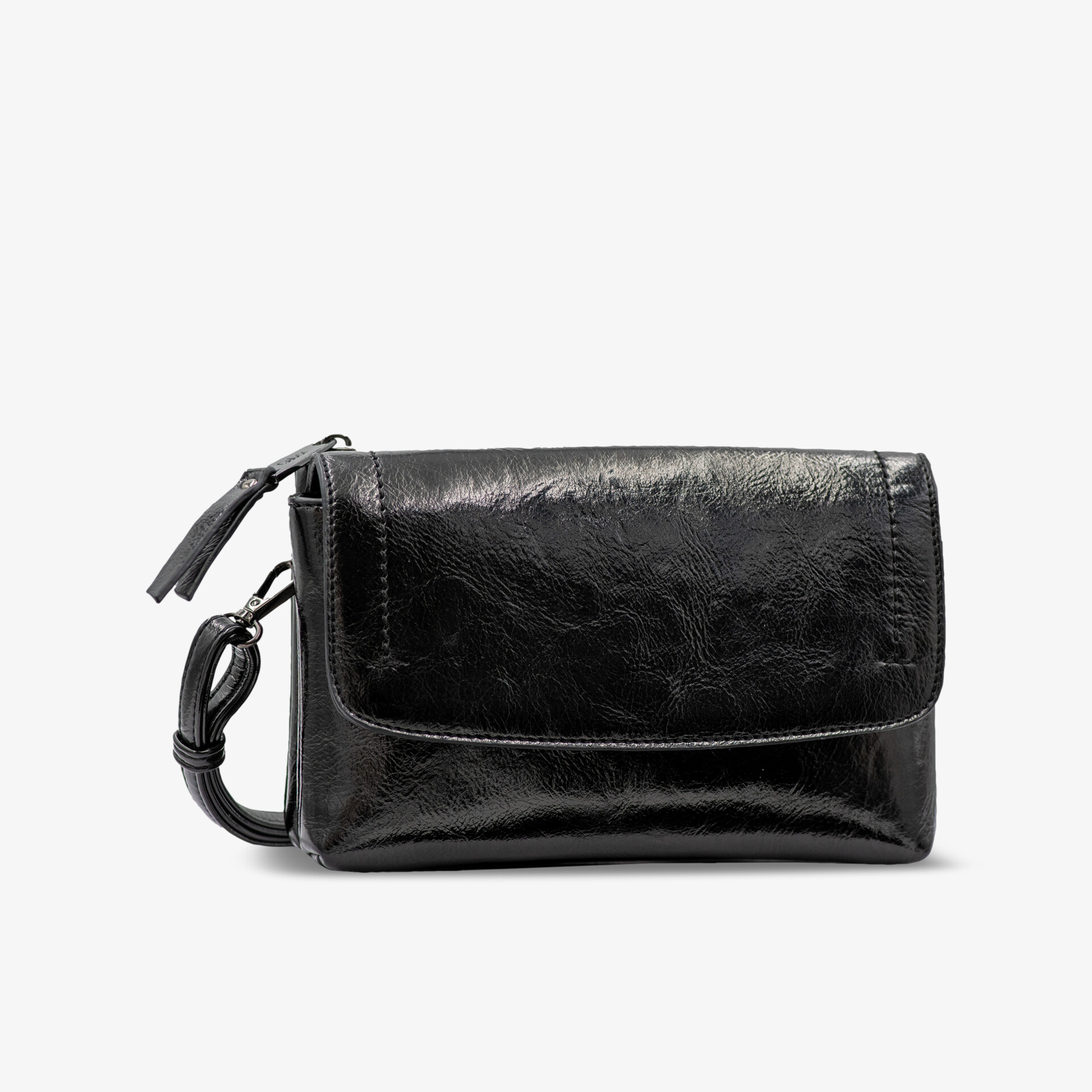 Schwarze kompakte Ledertasche mit elegantem Design und praktischem Verschluss, ideal für den Alltag