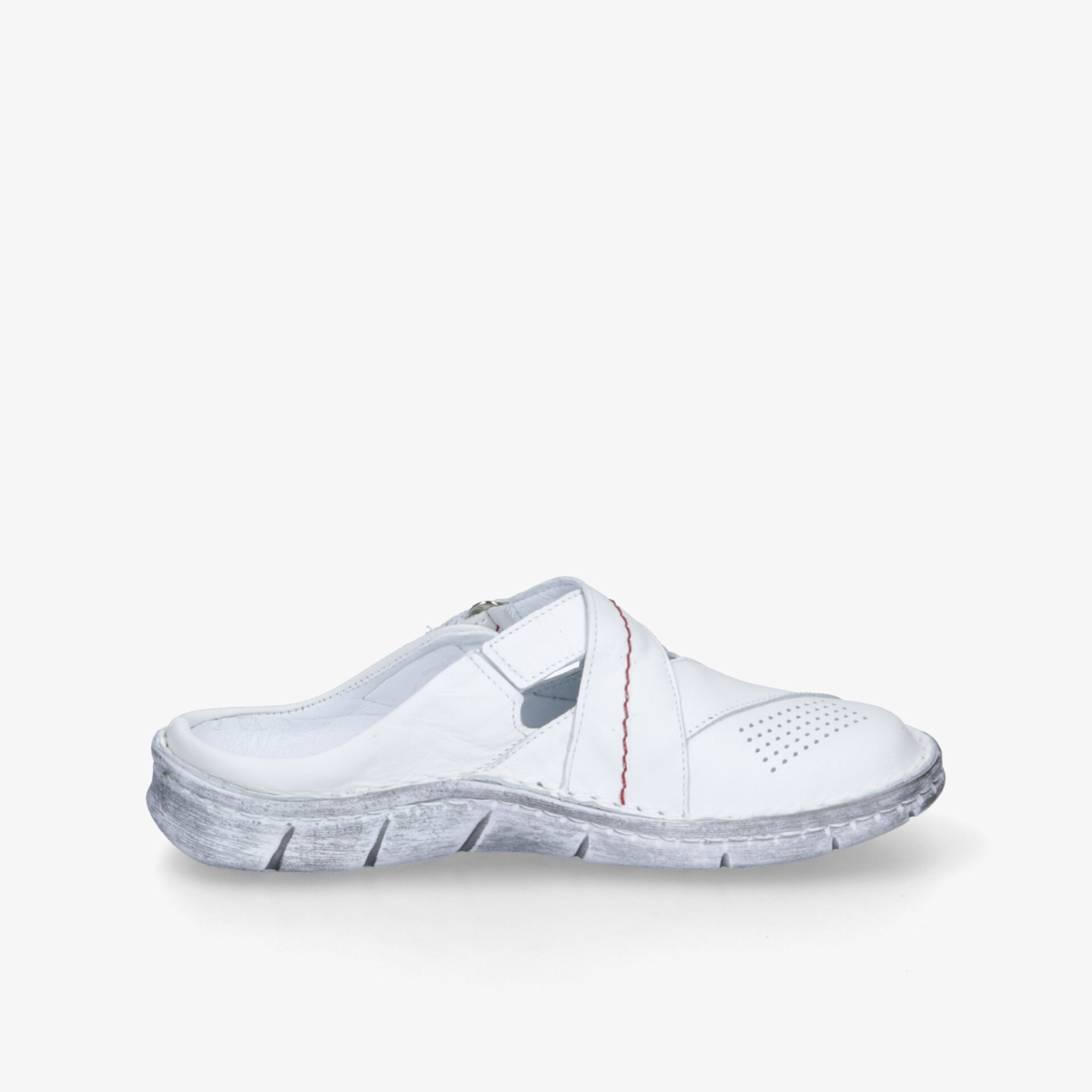 Weißer, atmungsaktiver Schuh mit ergonomischer Form und rutschfester, flexibler Sohle für hohen Komfort