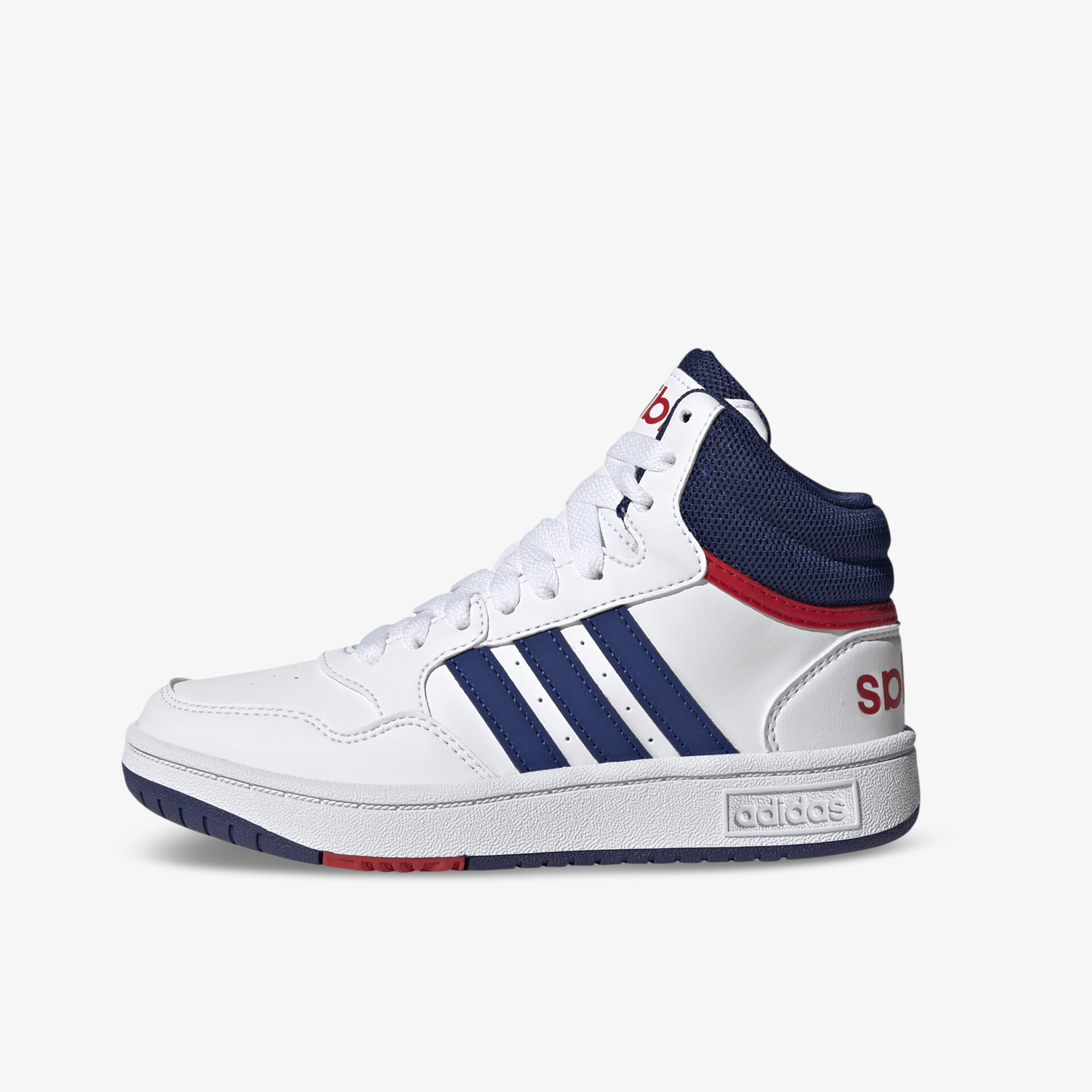 Moderner High-Top-Sneaker in Weiß mit blauen Streifen und rotem Akzent, ideales Design für Stil und Komfort.