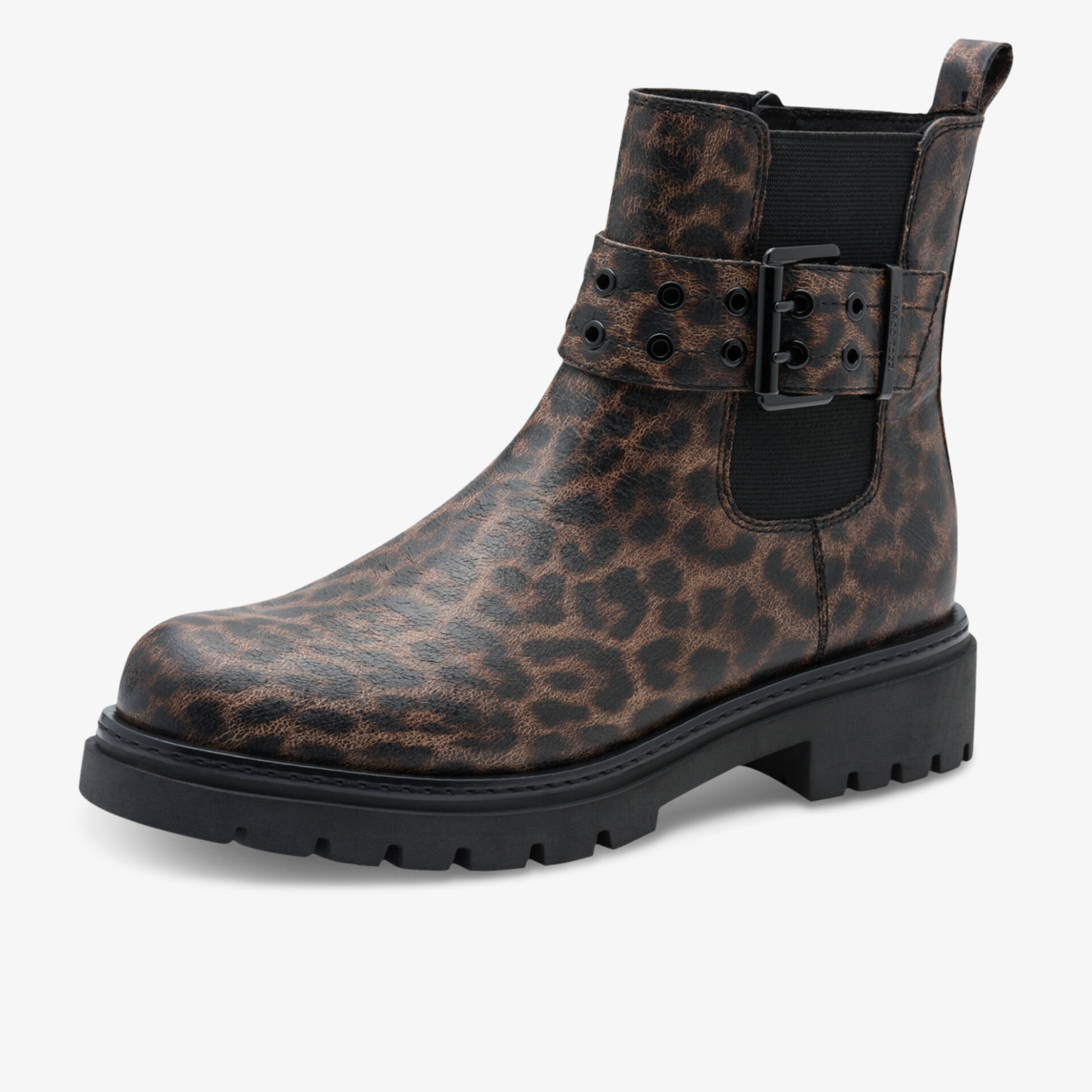 Moderner Lederstiefel mit Leopardenmuster, robuster Profilsohle und praktischem Schnallenriemen für vielseitigen Einsatz