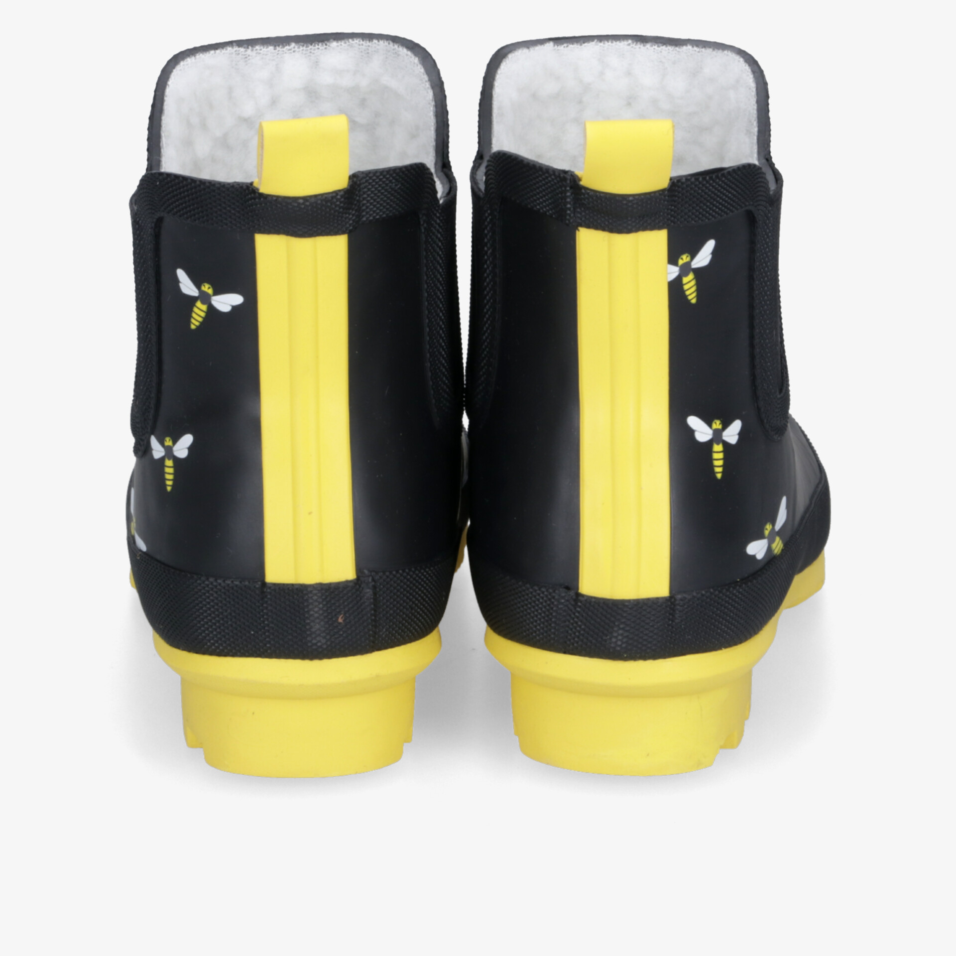 Vergnügliche schwarze Stiefel mit auffälligem Bienenmotiv und gelben Akzenten