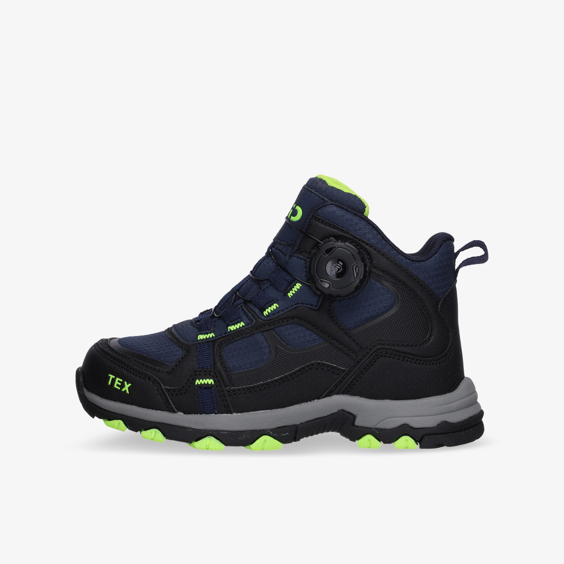 Wasserdichter, atmungsaktiver Kinder-Outdoor-Stiefel mit Klettverschluss und rutschfester Sohle in Dunkelblau und Neongrün.