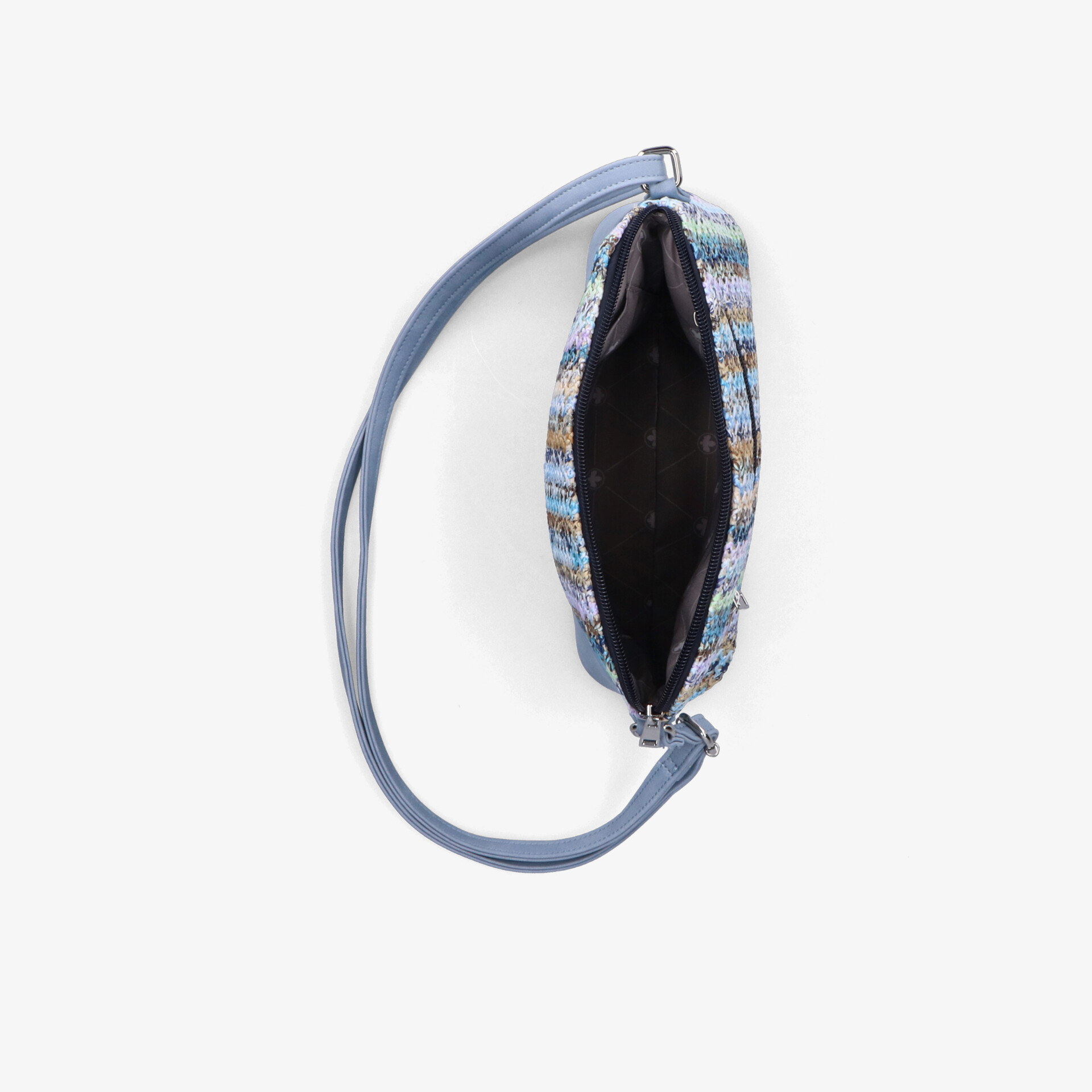 Offene blaue Umhängetasche mit geräumigem Hauptfach und stabilem Reißverschluss, von oben fotografiert