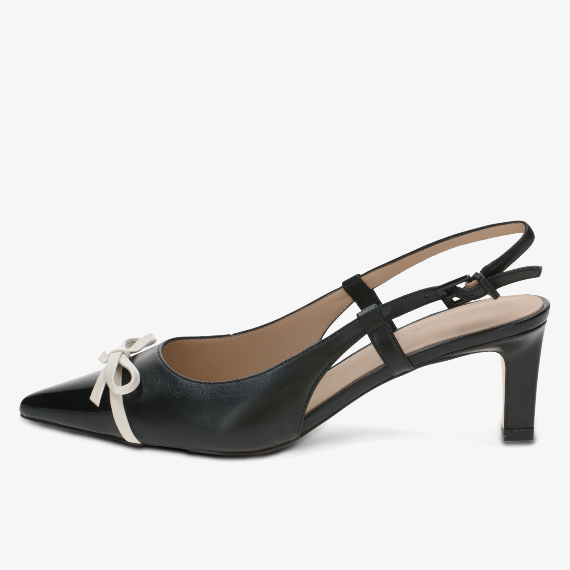 Eleganter Slingback-Pumps mit spitzer Kappe und Schleifendetail aus schwarzem Leder mit mittelhohem Absatz