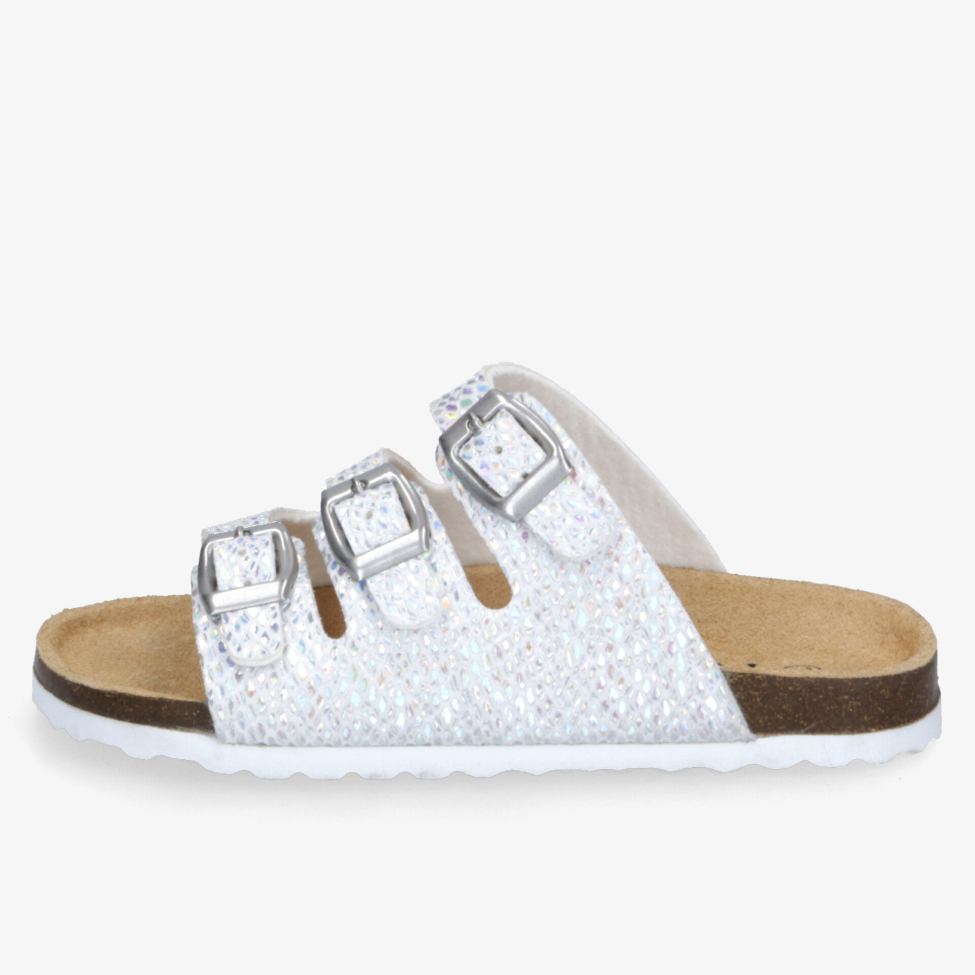 Weiße Sandale mit drei verstellbaren Riemen, weichem Fußbett und rutschfester leichter Sohle, idealer Komfortschuh