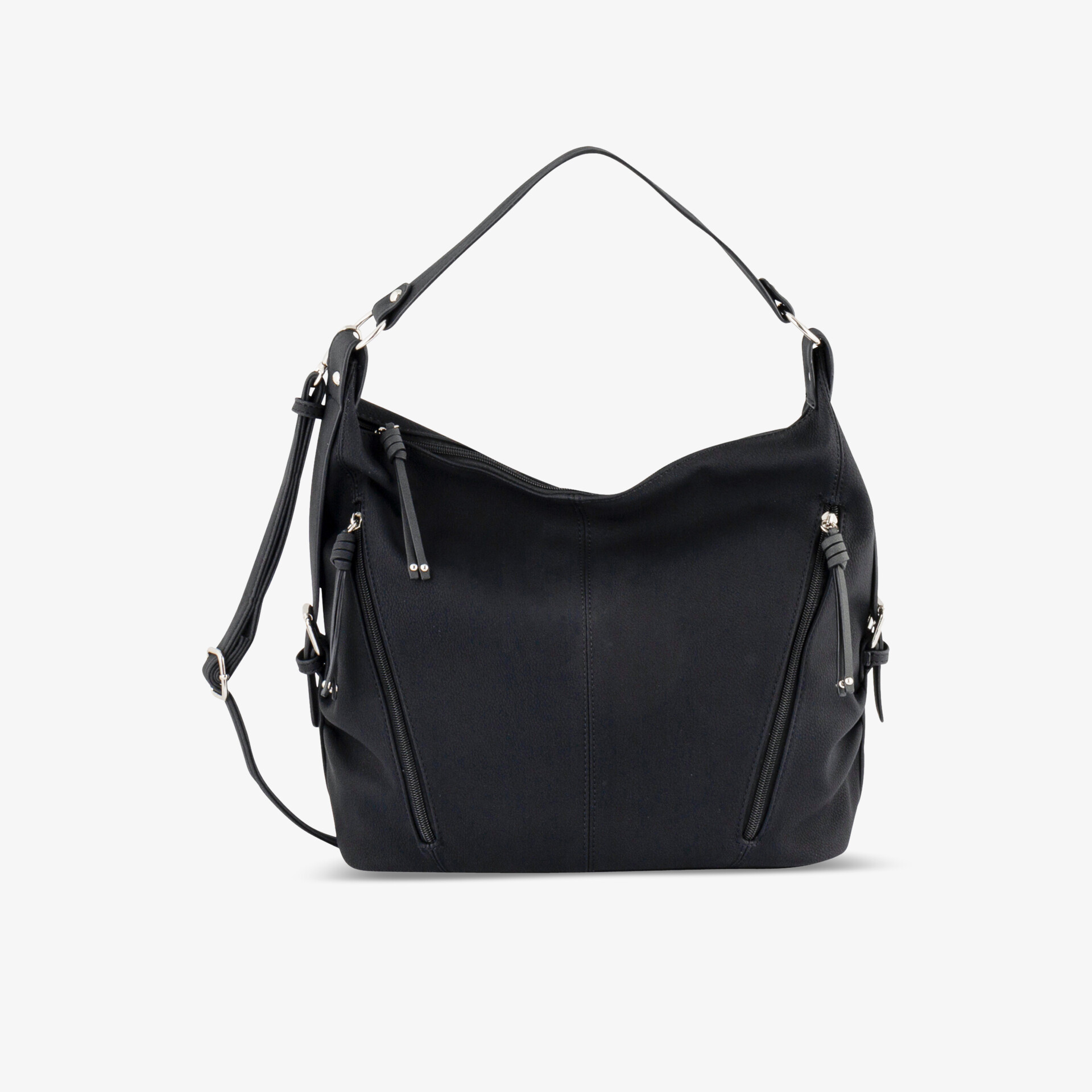 Moderne schwarze Schultertasche mit großem Stauraum, praktischen Reißverschlusstaschen und komfortablem Tragegriff