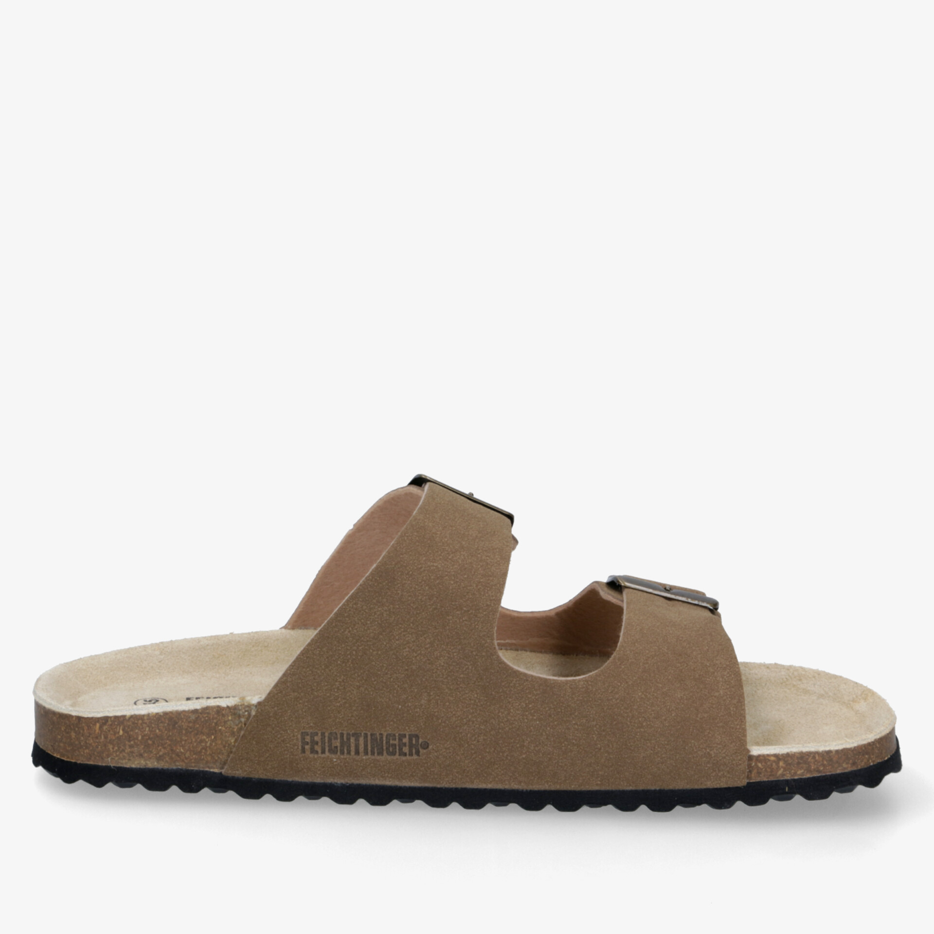 Seitliche Ansicht einer braunen Sandale mit verstellbarer Schnalle und weichem, ergonomischem Fußbett