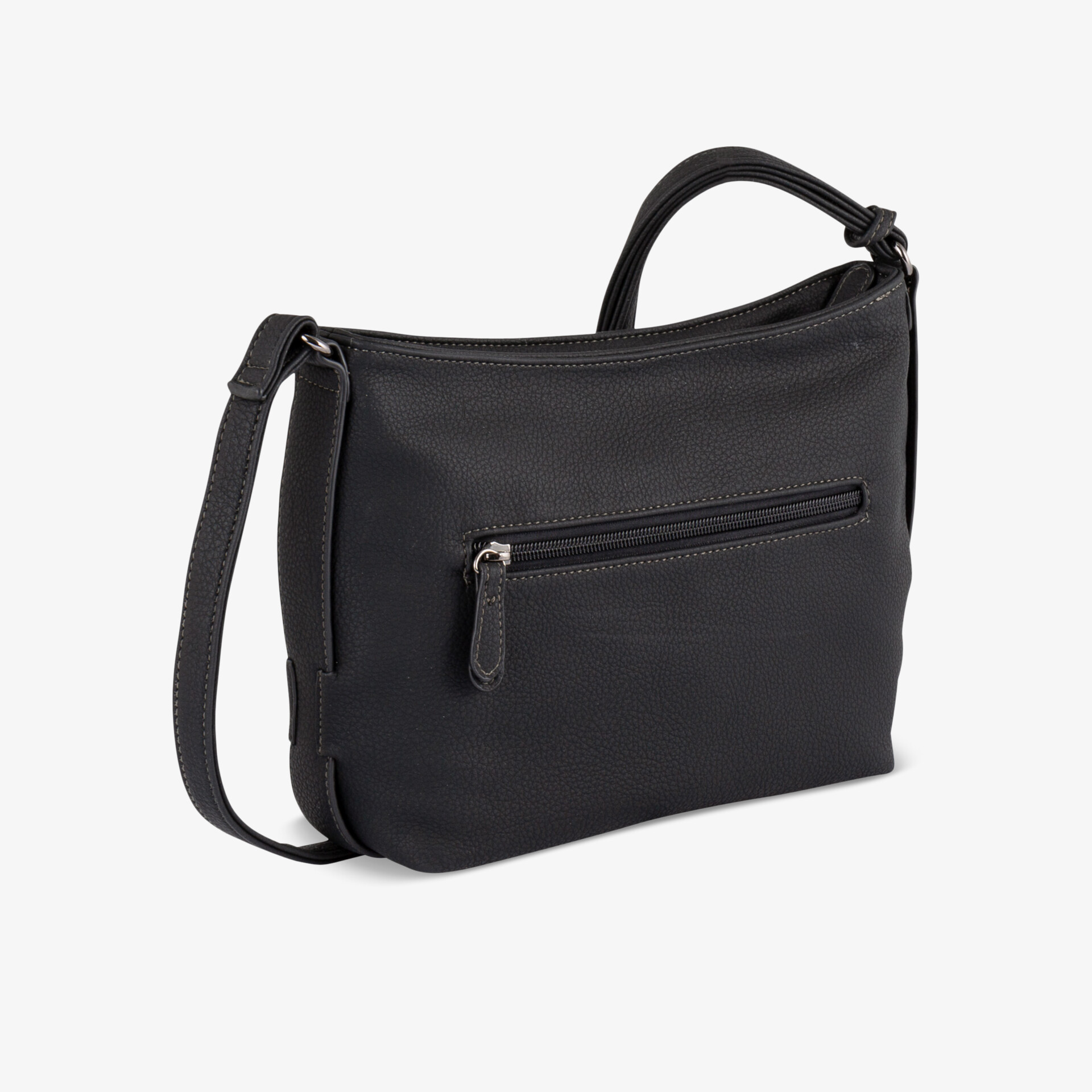 Elegante schwarze Umhängetasche mit praktischer Außentasche und verstellbarem Gurt für vielseitigen Gebrauch.