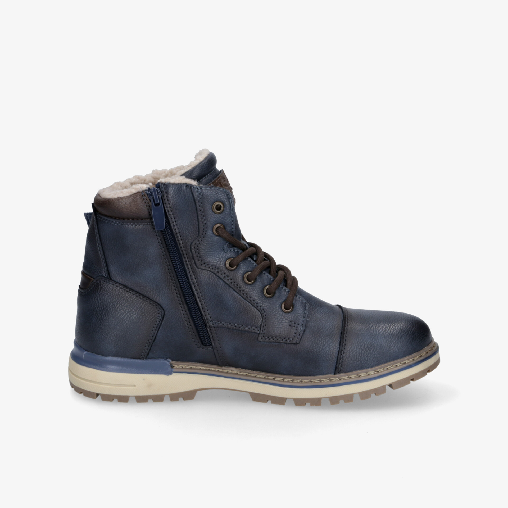 Robuster blauer Stiefel mit seitlichem Reißverschluss, bequemer Polsterung und profilierter Sohle für optimalen Halt