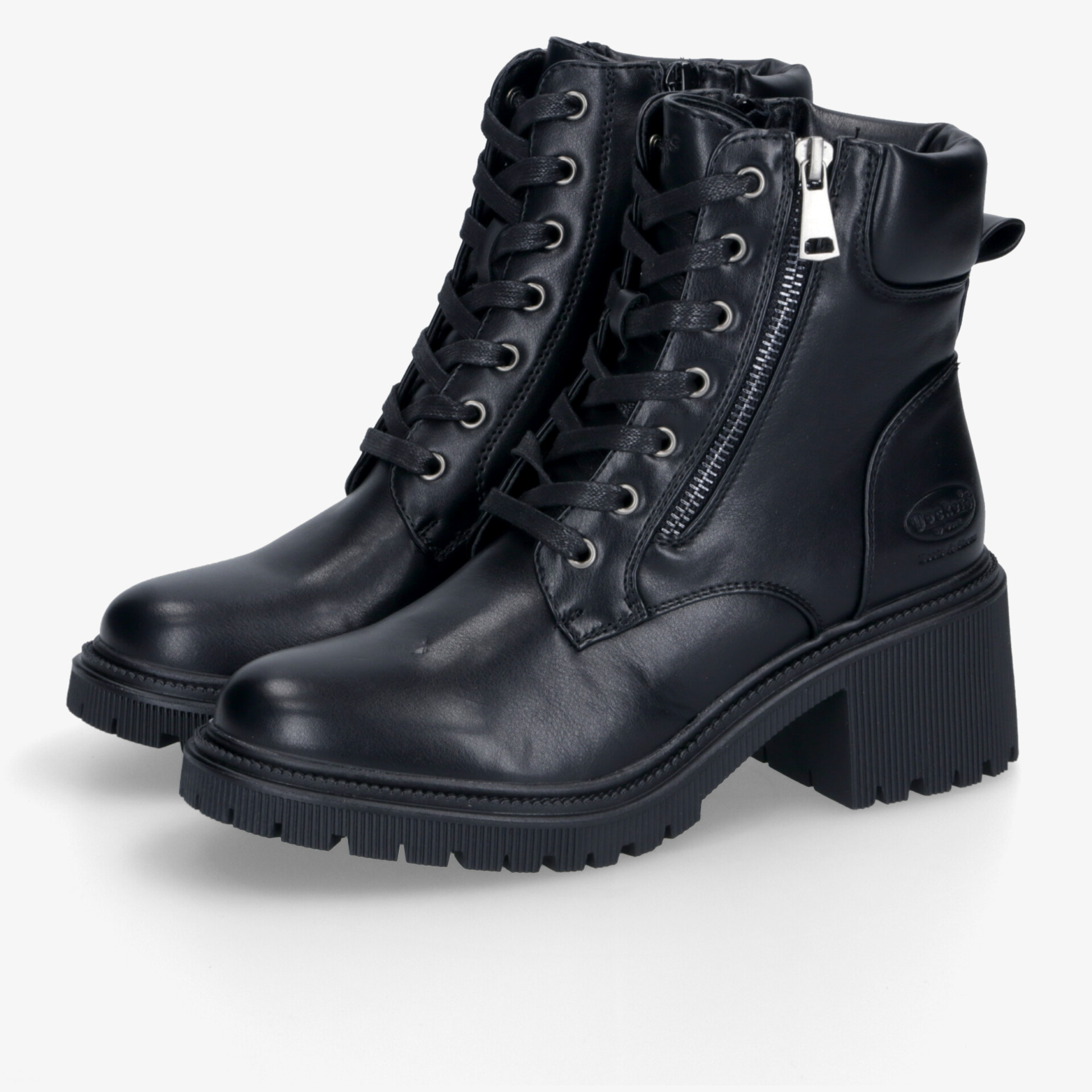 Schwarze Stiefel mit stabiler Profilsohle, Reißverschluss und Schnürung für optimalen Halt und Komfort