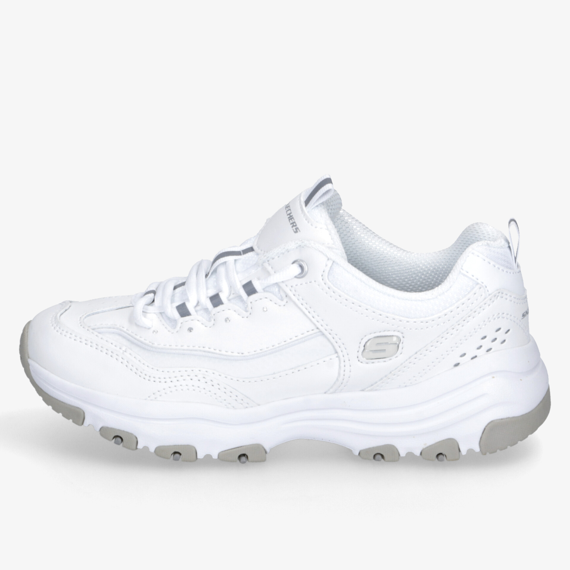 Weißer sportlicher Schuh mit robuster Sohle und bequemer, atmungsaktiver Passform in seitlicher Ansicht