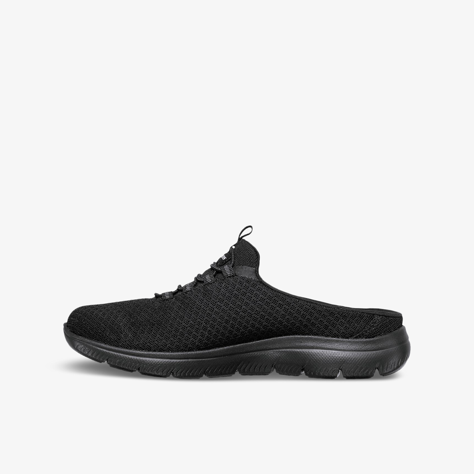 Leichter schwarzer Sneaker mit atmungsaktivem Obermaterial und flexibler Sohle, komfortabler Schlupfschuh seitlich