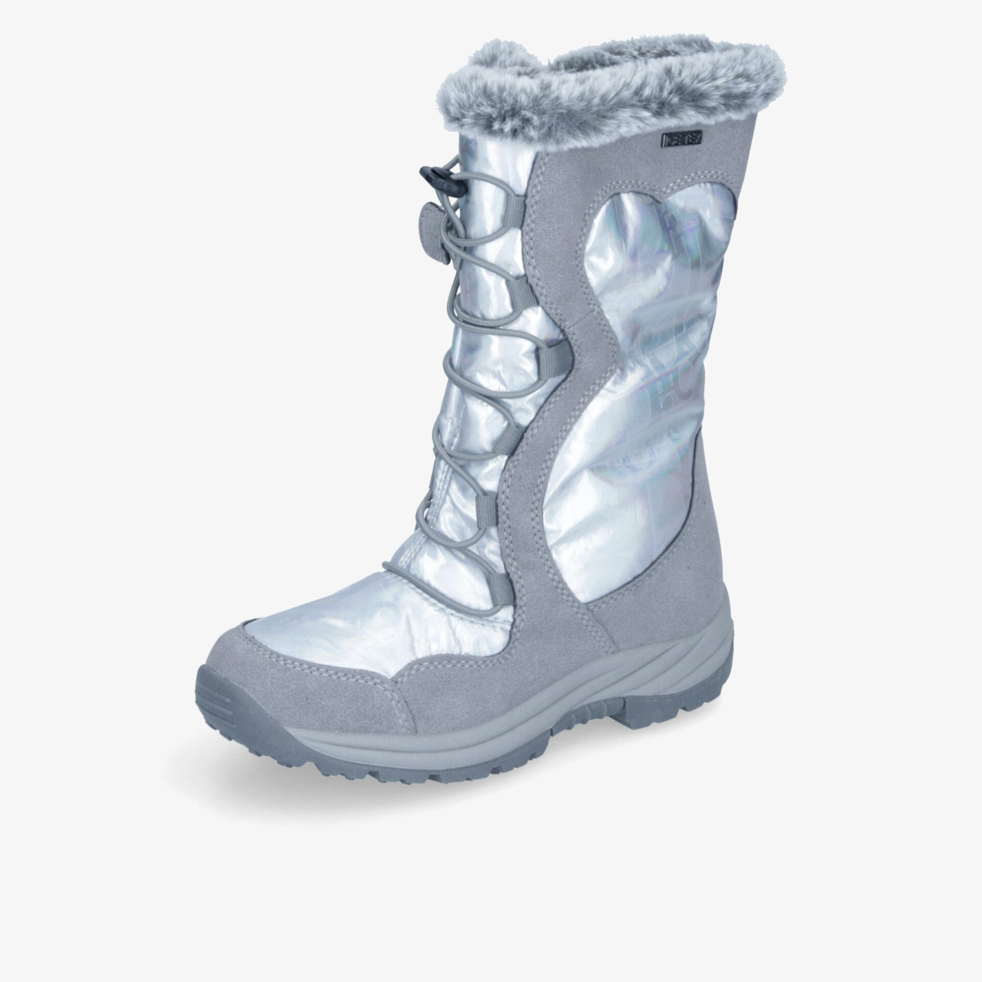Silberner Winterstiefel mit warmem Fellbesatz und robuster, rutschfester Sohle für optimalen Halt und Komfort