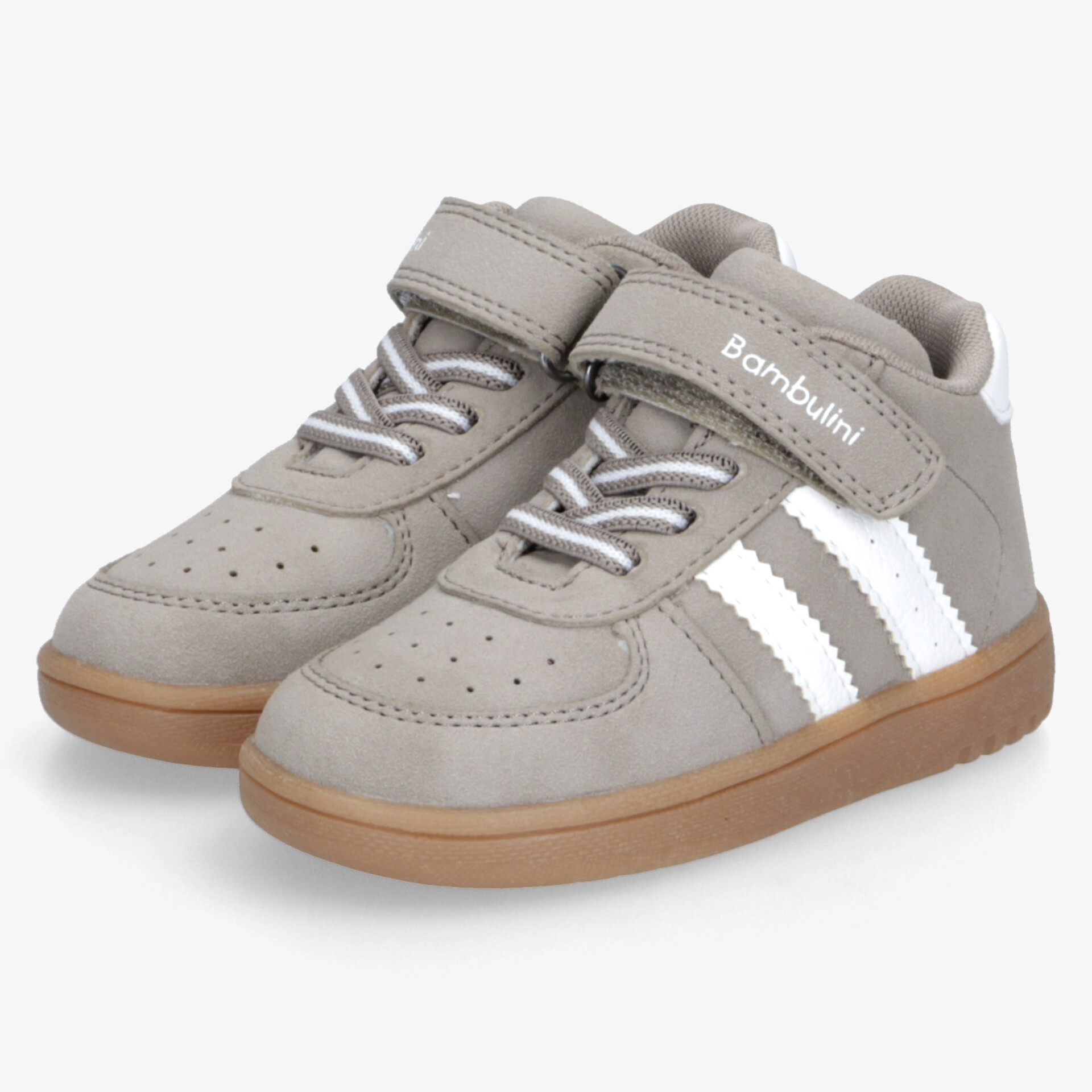 Graue Kinderschuhe mit weißen Streifen, praktischem Klettverschluss, robust und rutschfest, bequem und leicht
