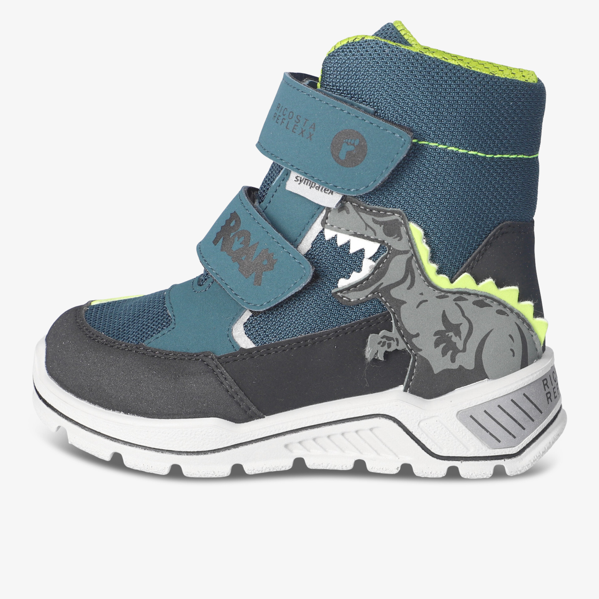 Robuster Kinderschuh mit hohem Schaft und Klettverschlüssen, griffige Sohle, Dinosaurier Motiv seitlich