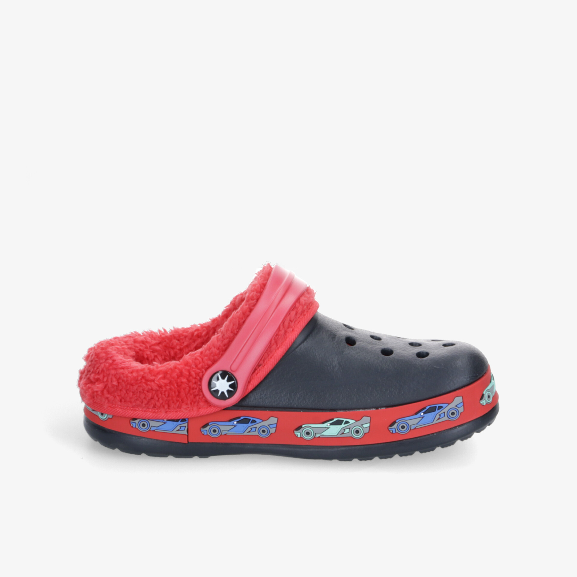 Bequemer, warm gefütterter schwarzer Clog mit rotem Rand und rutschfester Sohle, ideal für Alltag und Freizeit