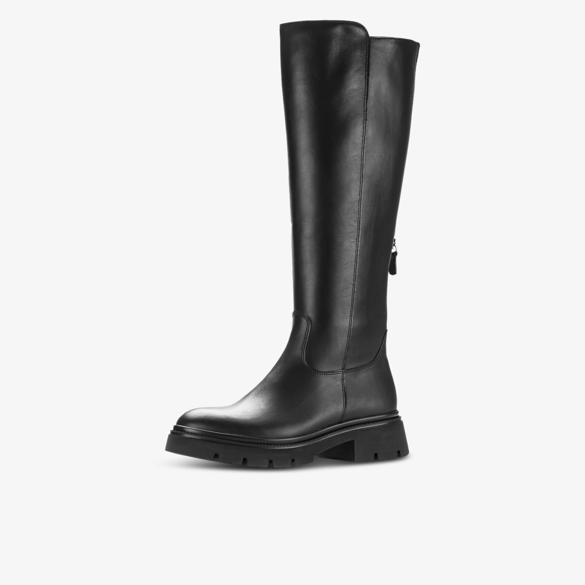 Moderner hoher Stiefel aus glattem Leder mit robustem Absatz und komfortabler Sohle