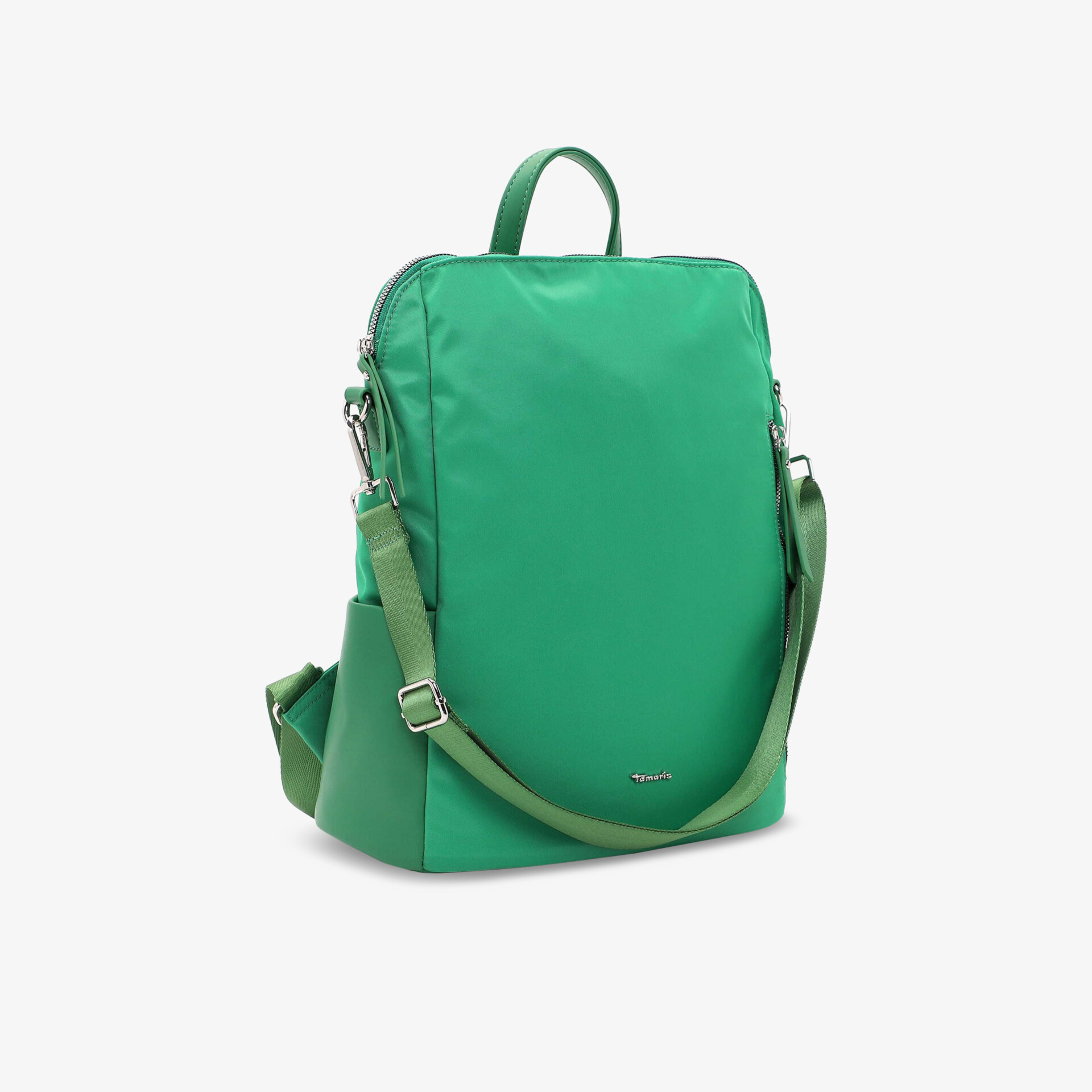 Moderner grüner Rucksack mit verstellbarem Schultergurt, ideal für Alltag und Reisen.