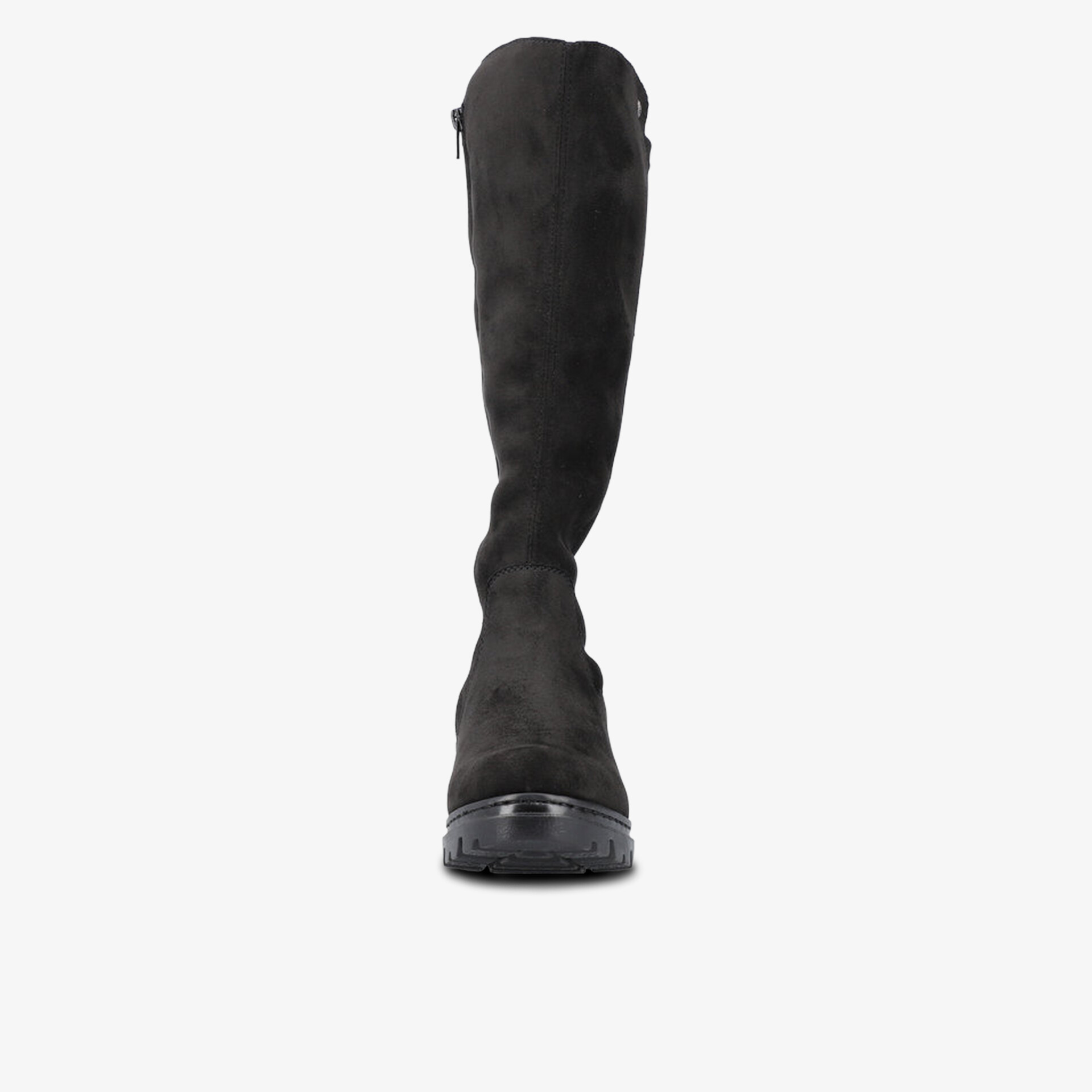 Knielanger schwarzer Stiefel mit glatter Oberfläche und robuster Sohle, elegante Frontansicht