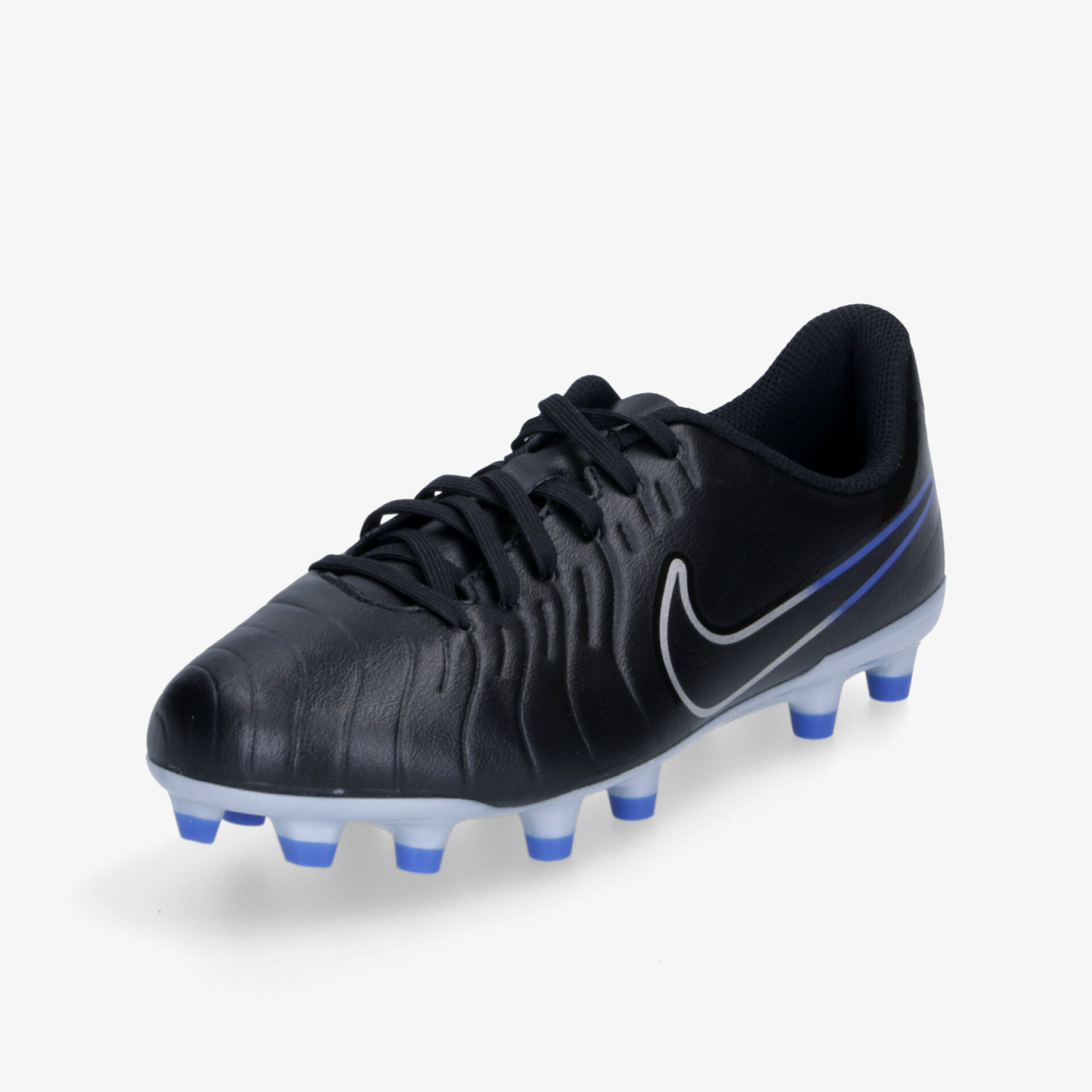 Sportlicher schwarzer Fußballschuh mit blauen Noppen, optimaler Halt und langlebiges, robustes Material