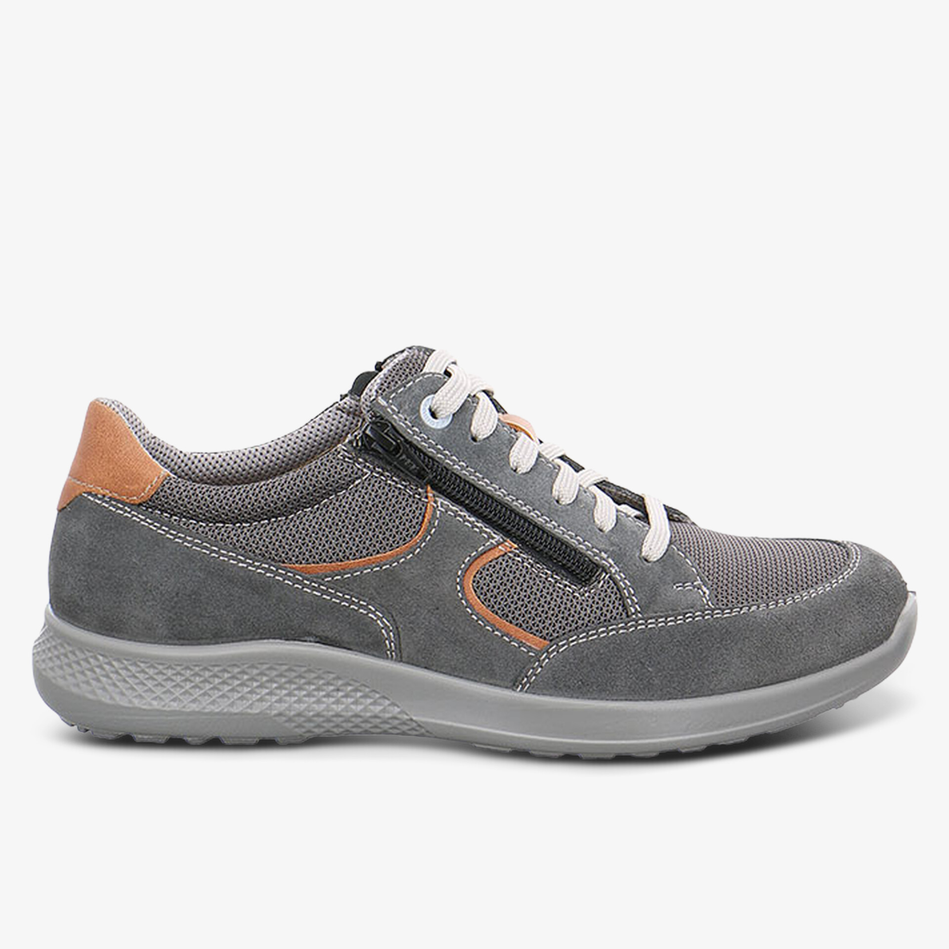 Grauer Sneaker mit Reißverschluss und rutschfester Sohle, ideal für den Alltag.